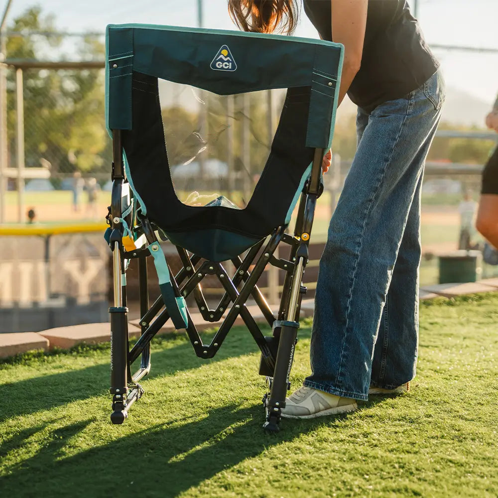 Premium All-Weather Stowaway Rocker with Side Table - Choice 253 - Patented Spring-Action Rocking Chair for Camping Detail