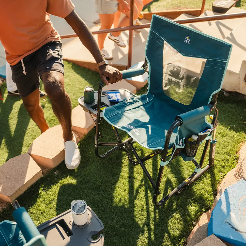 Premium All-Weather Stowaway Rocker with Side Table - Choice 253 - Patented Spring-Action Rocking Chair for Camping Detail