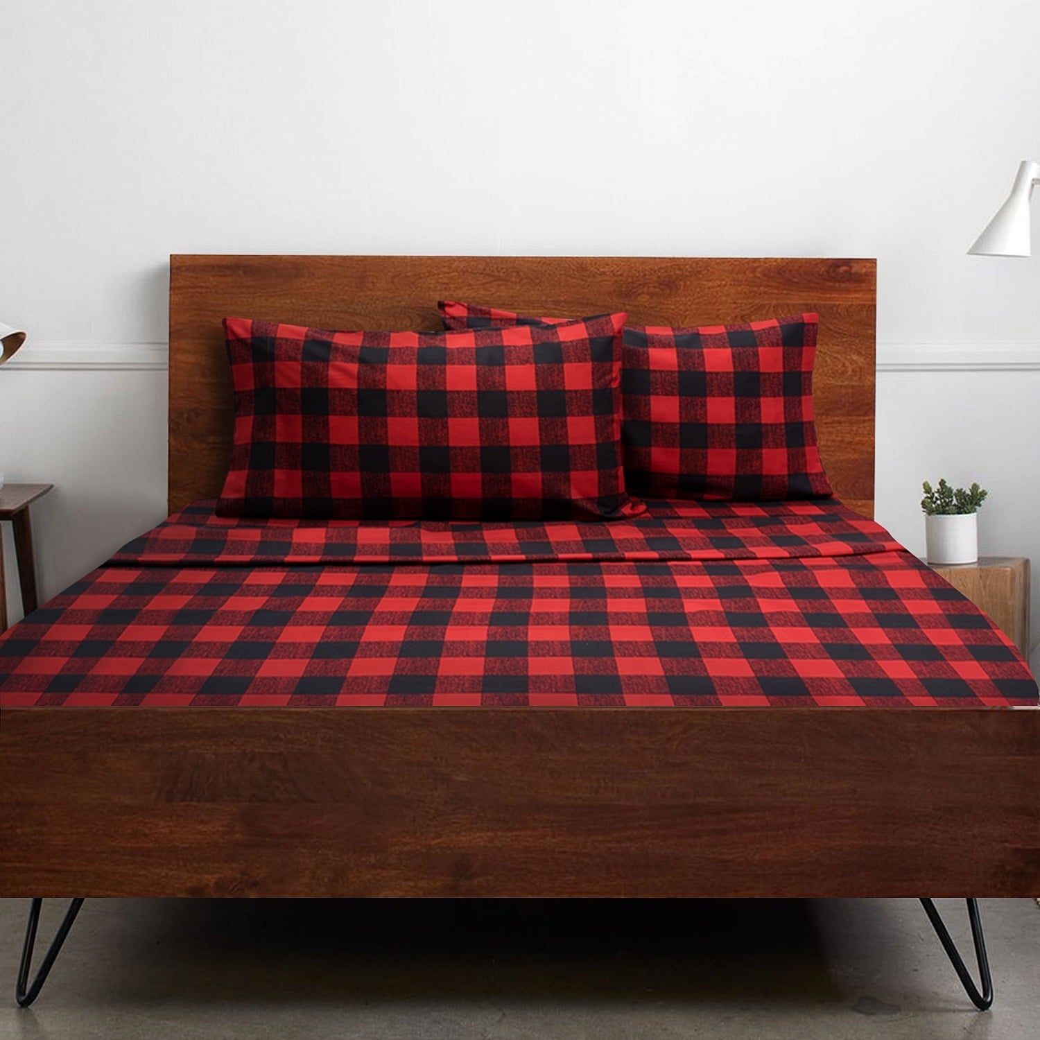 Cooling Sateen Buffalo Plaid Black and Red 4 Piece Bed Sheet Set - Twin - Breathable Egyptian Cotton Flat & Fitted Sheets - Default Title
