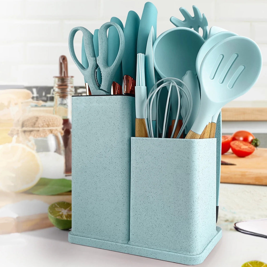 Professional Grade Silicone Kitchen Cooking Utensils Set, 19 Pieces Utensil with Holder, Heat Resistant, Green - Multi-Purpose Hand Tool for Daily Meal Prep - Default Title