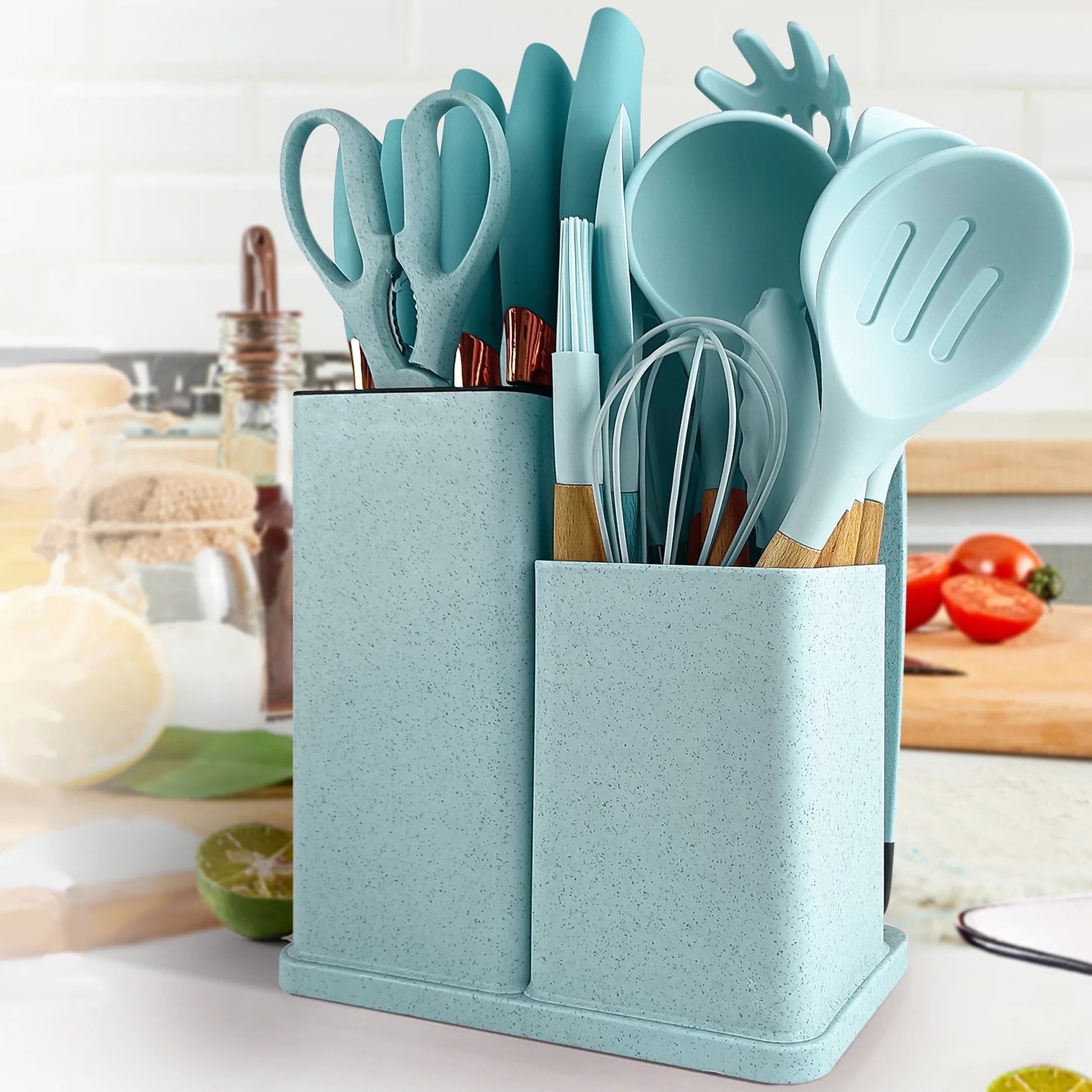 Seamless One-Piece Silicone Kitchen Cooking Utensils Set, 19 Pieces Utensil with Holder, Heat Resistant, Green - Durable Turner & Ladle Utensil Set for Home Chefs - Default Title