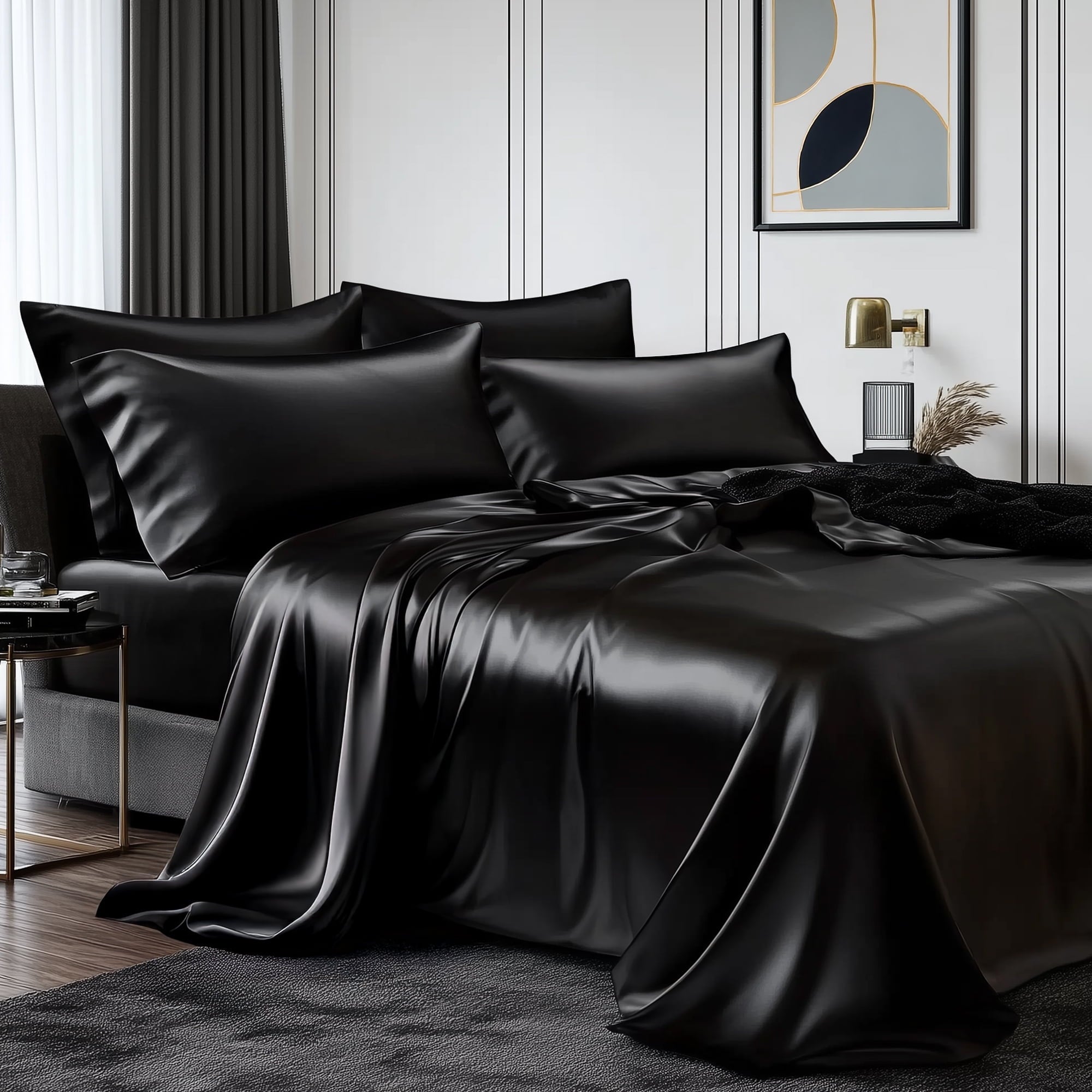 Cooling Sateen Queen Silk Black Bed Sheet Set,4 Pieces 1800 Microfiber 2 Pillowcase 20"x30" - Premium Ultra-Soft Pillowcase Pair for Sleeping - Default Title