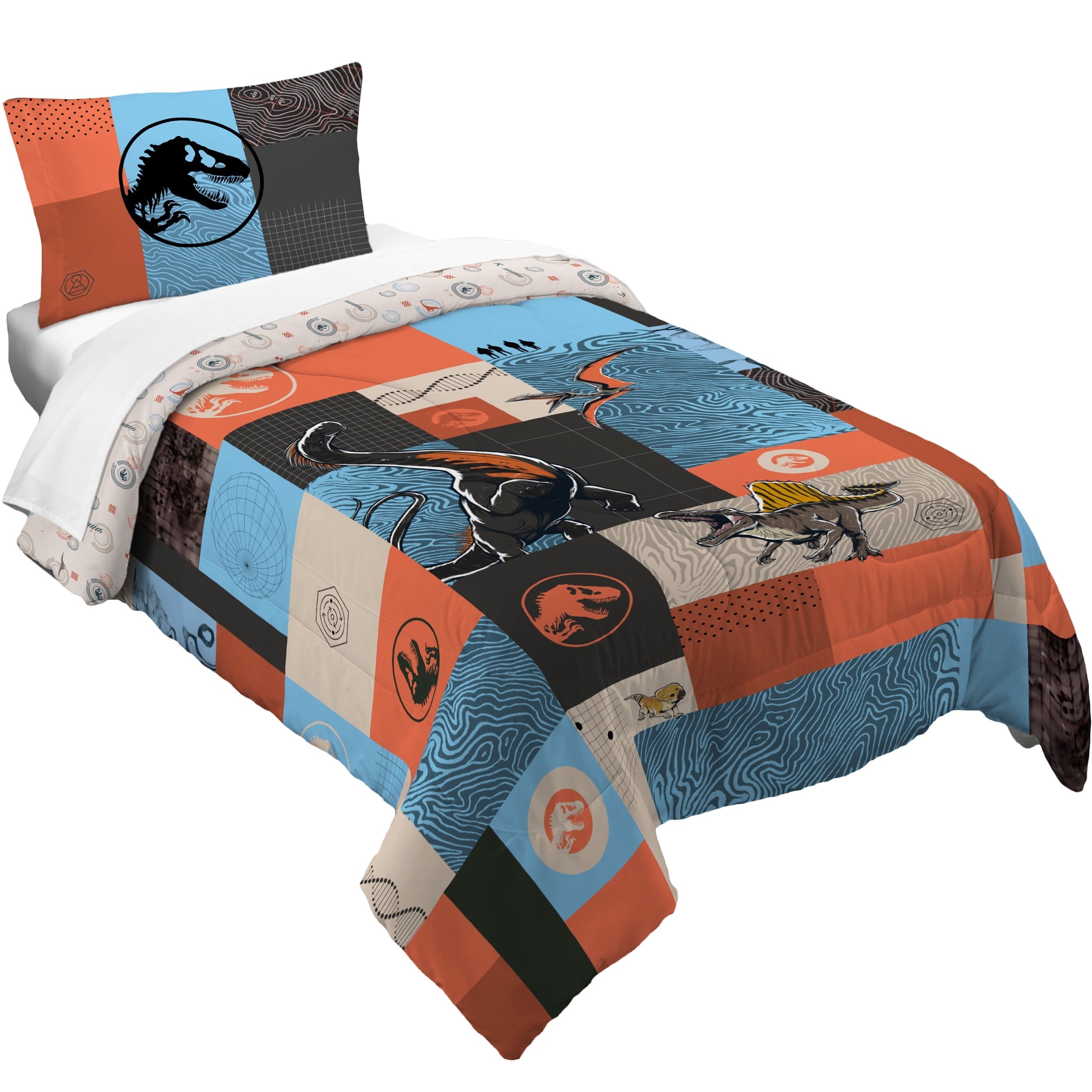 Fluffy Down Alternative Kids 2 Piece Blue Orange Reversible Dinosaur Comforter and Pillowcase set, Twin/full - Cloud-Like Soft Lightweight Bed Comforter - Default Title