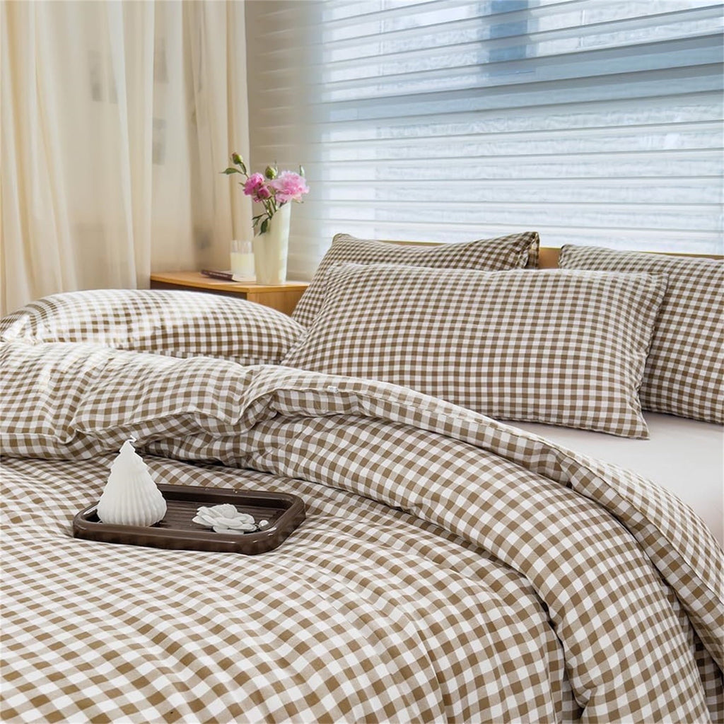 All-Season Tan Gingham Queen Comforter Set, Taupe Plaid Bedding Set, Checked Bed Comforter 3 Pieces(Tan Gingham, Queen) - All-Season Down Alternative Comforter Insert - Default Title