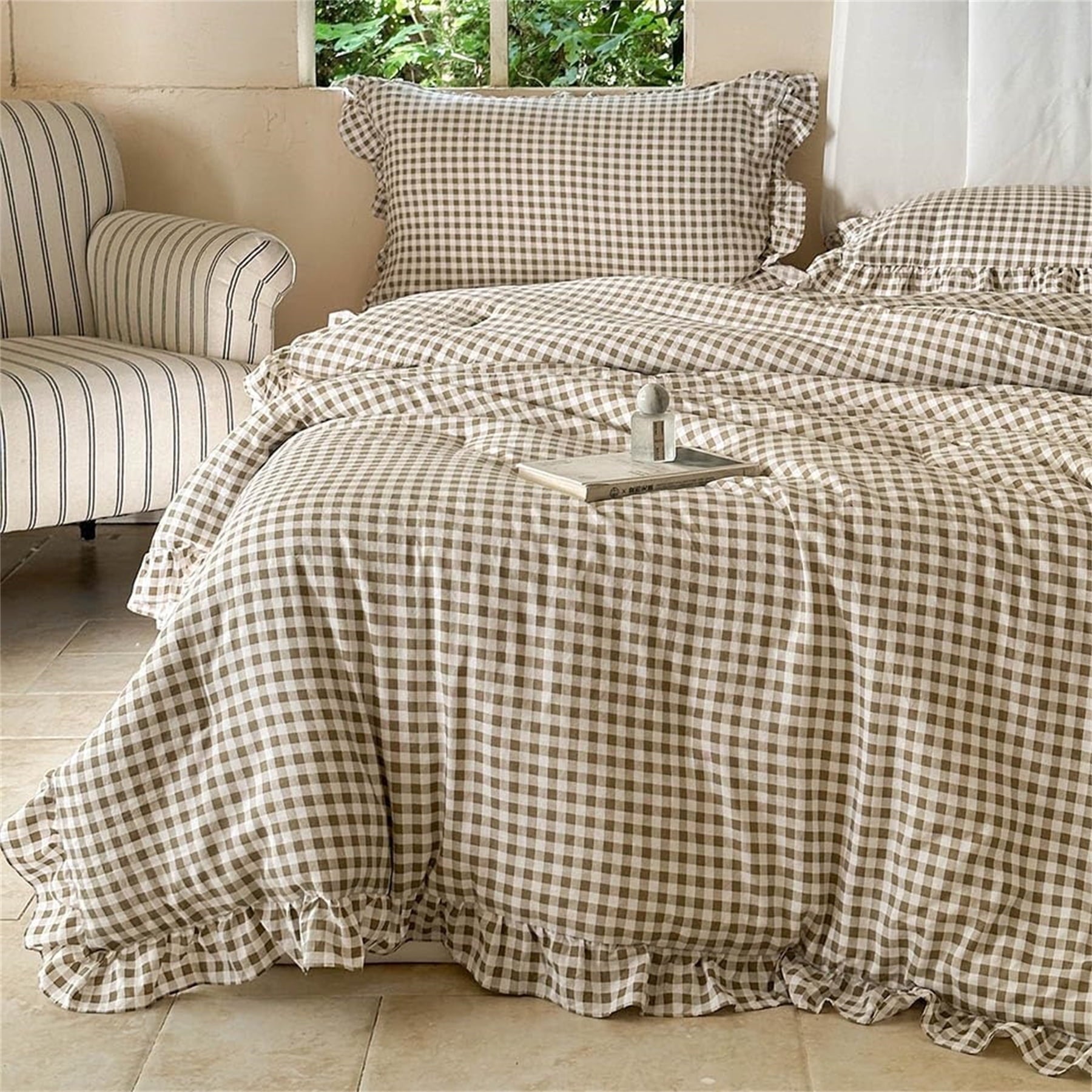 Fluffy Down Alternative Tan Gingham Ruffle Queen Comforter Set, Taupe Ruffled Plaid Bedding Set, Ruffled Checked Bed Comforter 3 Pieces(Tan G... - All-Season Down Alternative Comforter Insert - Default Title
