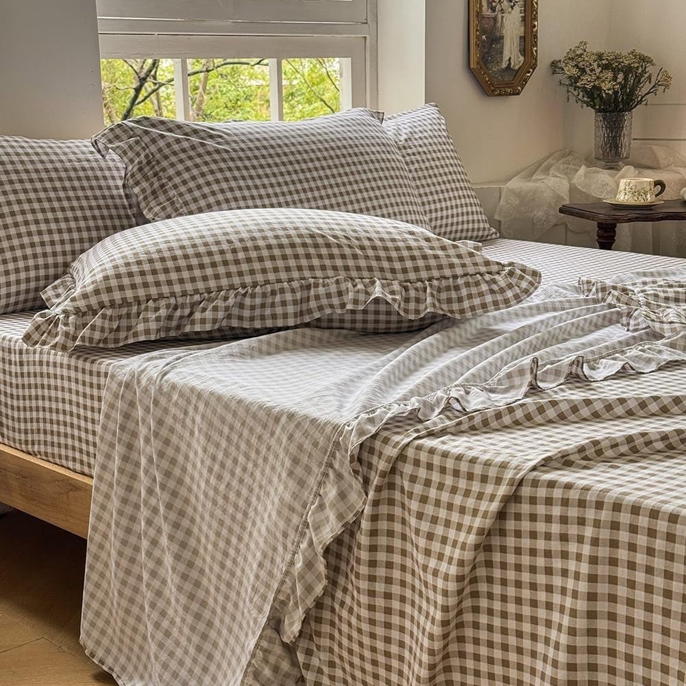Premium Egyptian Cotton Tan Gingham Ruffle Queen Sheet Set, Taupe Soft Pre-Washed Microfiber Plaid Ruffled Queen Bed Sheets, 4-Pieces Farmhou... - Breathable Egyptian Cotton Flat & Fitted Sheets - Default Title