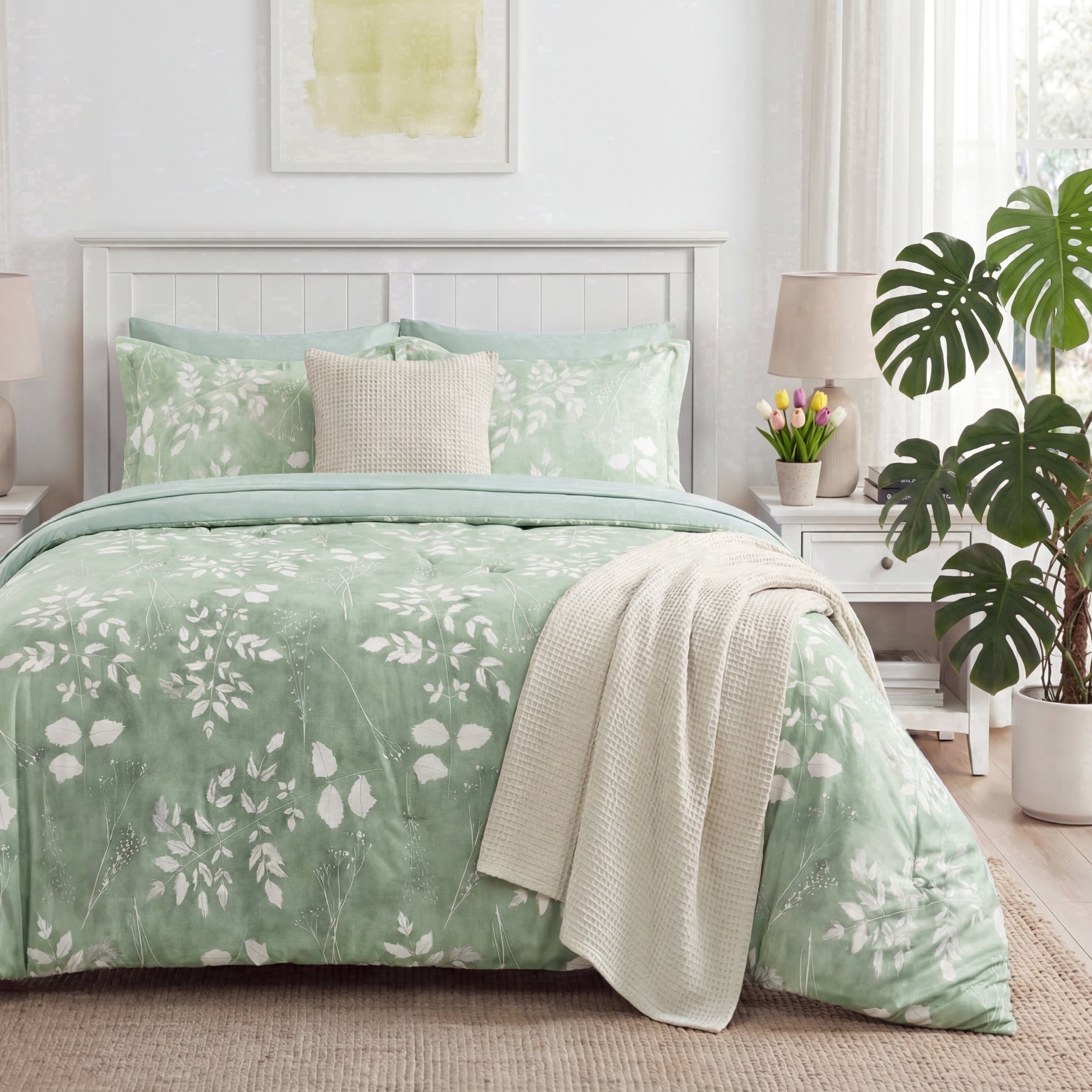 Luxurious Quilted Queen Comforter Set Sage Green, Bed in a Bag Queen Size Bedding, 7-Pieces Botanical Flowers Spring Comforter, Sheets,... - Hypoallergenic Ultra-Fluffy Quilt for Winter - Default Title