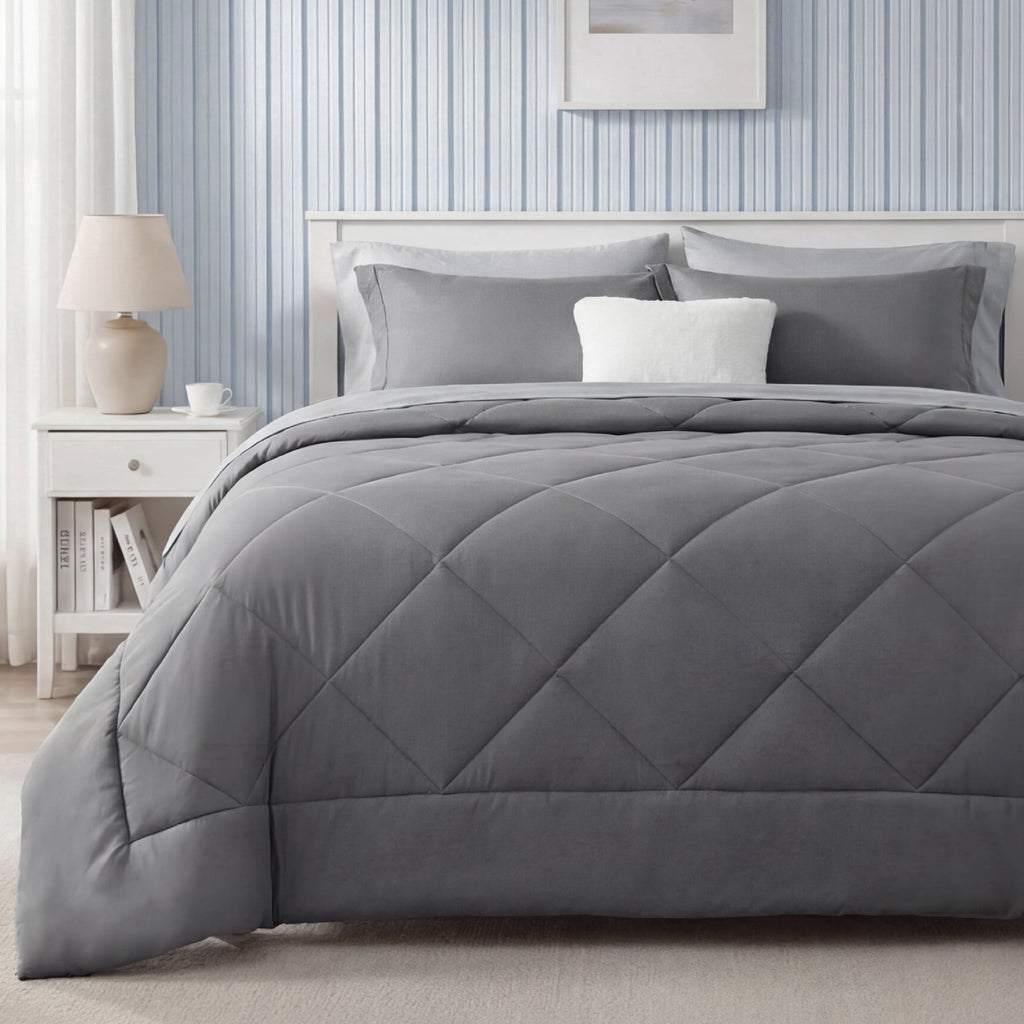 Heavyweight Warmth Queen Reversible Comforter Set - 7 Pieces Grey Bedding, Bed in a Bag with Alternative Comforter, Sheets, Pillowcases ... - Luxurious Quilted Duvet Cover Set - Default Title
