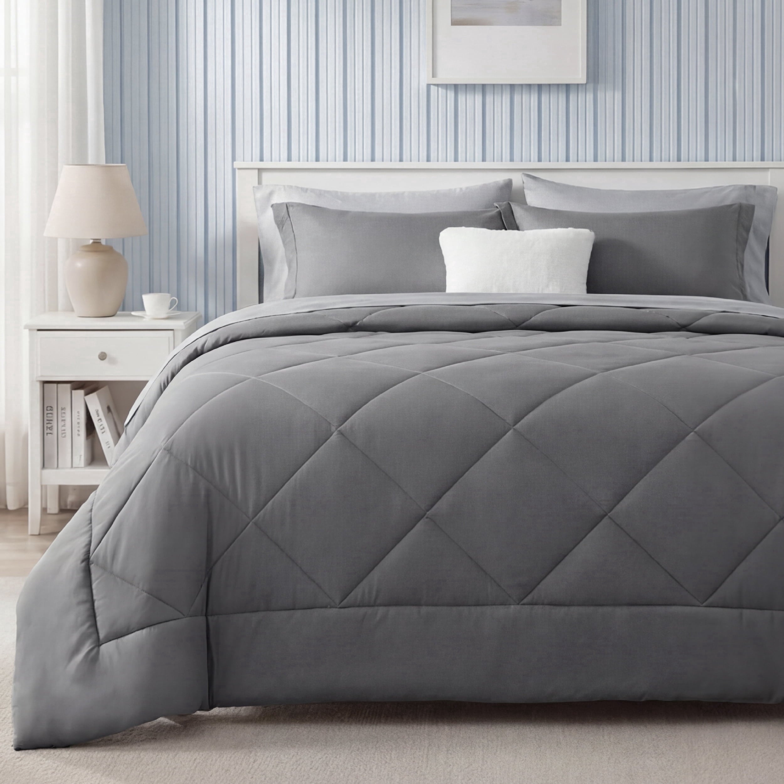 Heavyweight Warmth Queen Reversible Comforter Set - 7 Pieces Grey Bedding, Bed in a Bag with Alternative Comforter, Sheets, Pillowcases ... - Luxurious Quilted Duvet Cover Set - Default Title