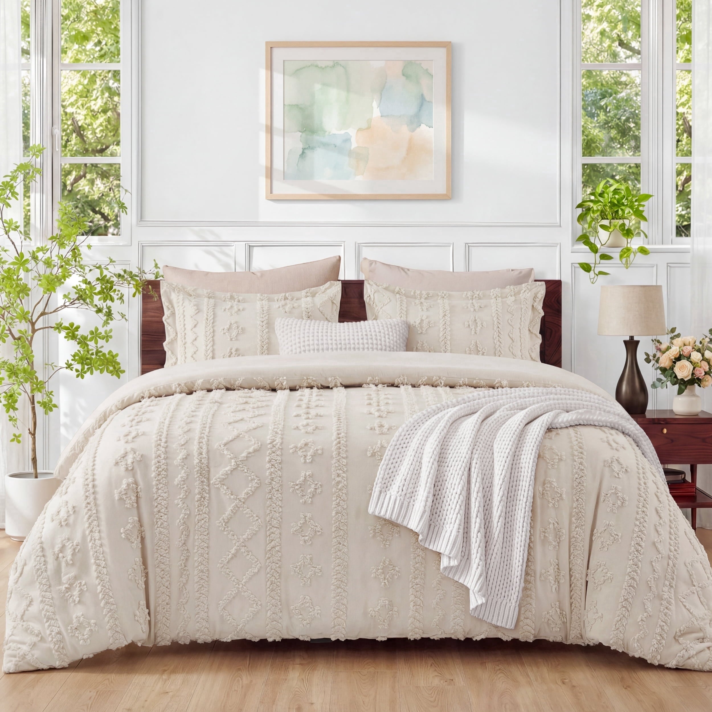 All-Season Tufted Boho Comforter Set Queen, Beige, 3 Pieces Farmhouse Shabby Chic Embroidery Bedding Set, Soft Jacquard Comforte... - Cloud-Like Soft Lightweight Bed Comforter - Default Title