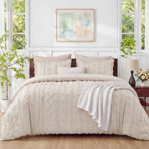 All-Season Tufted Boho Comforter Set Queen, Beige, 3 Pieces Farmhouse Shabby Chic Embroidery Bedding Set, Soft Jacquard Comforte... - Cloud-Like Soft Lightweight Bed Comforter - Default Title