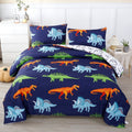 Fluffy Down Alternative 3 Pcs Dinosaur Twin Size Bedding Sets for Boys, Dinosaur Printing Boys Comforter Set, Blue and White Reversible Bed C... - Luxurious Quilted Duvet Cover Set - Default Title