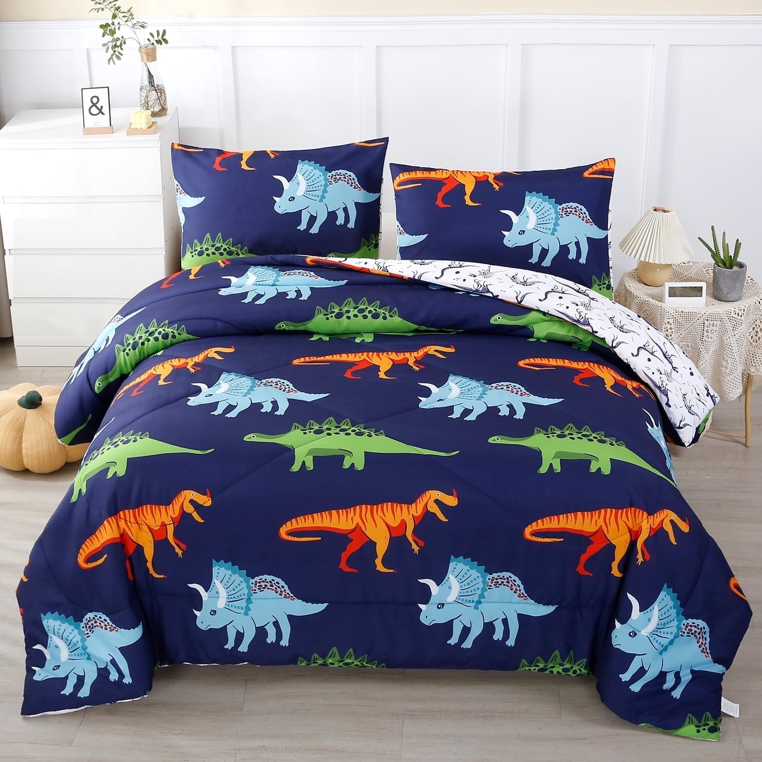 Fluffy Down Alternative 3 Pcs Dinosaur Twin Size Bedding Sets for Boys, Dinosaur Printing Boys Comforter Set, Blue and White Reversible Bed C... - Luxurious Quilted Duvet Cover Set - Default Title