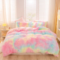 Heavyweight Warmth 3Pcs Pink Faux Fur Twin Comforter Set for Girls Tie Dye Rainbow Kid Bed Set Plush Shaggy Bedding Sets Fuzzy Bed Comfo... - Luxurious Quilted Duvet Cover Set - Default Title