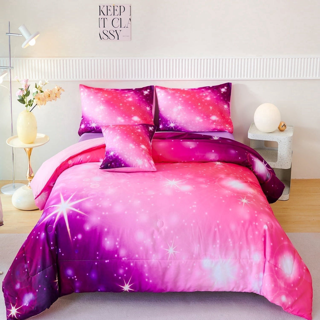 Luxurious Quilted 4Pcs Rainbow Twin Size Comforter Set for Girls, Pink Purple Gradient Glitter Kids Bedding Sets, Soft Galaxy Girls Bed... - Cloud-Like Soft Lightweight Bed Comforter - Default Title