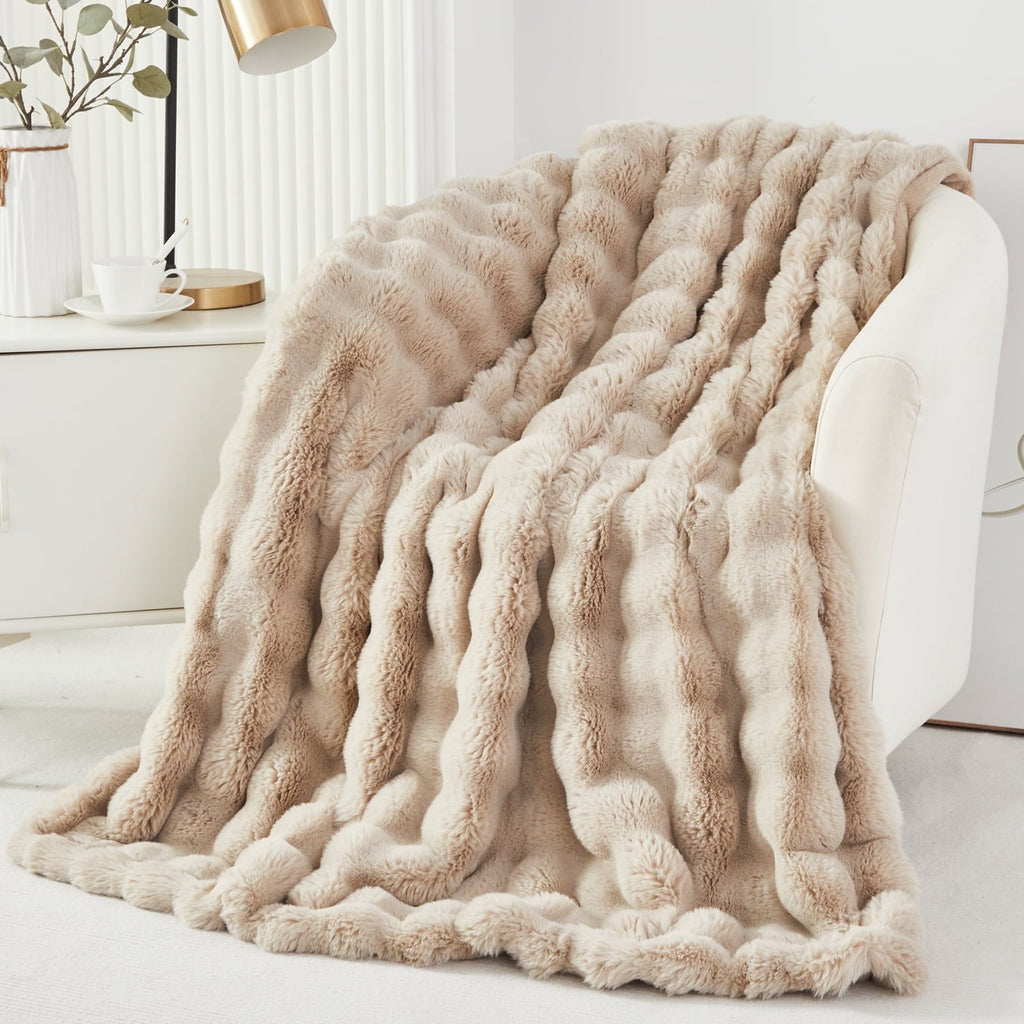 Reversible Sherpa Taupe Faux Fur Bubble Blankets for Couch Chair Sofa Luxury Fluffy Thick Bubble Throw Blanket Furry Blanket Fuzzy Soft... - Cozy Fleece Throw Blanket for Couch & Bed - Default Title