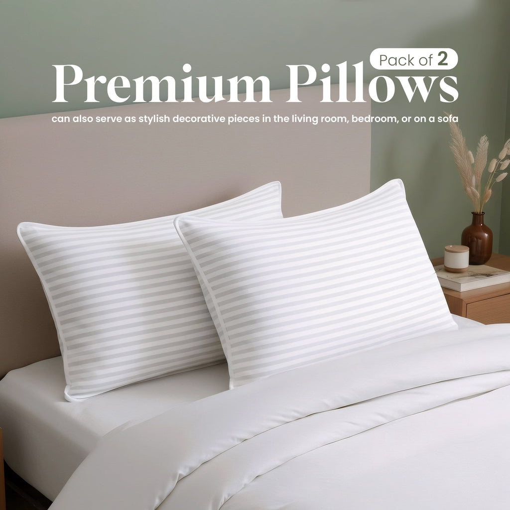 Hotel Collection Bed Pillow with White Stripes - Set of 2 - Ultra Cozy & Relaxing For Adults, (Queen, 28"L x 20" W) - Ergonomic Memory Foam Pillow for Neck Pain Support - Default Title
