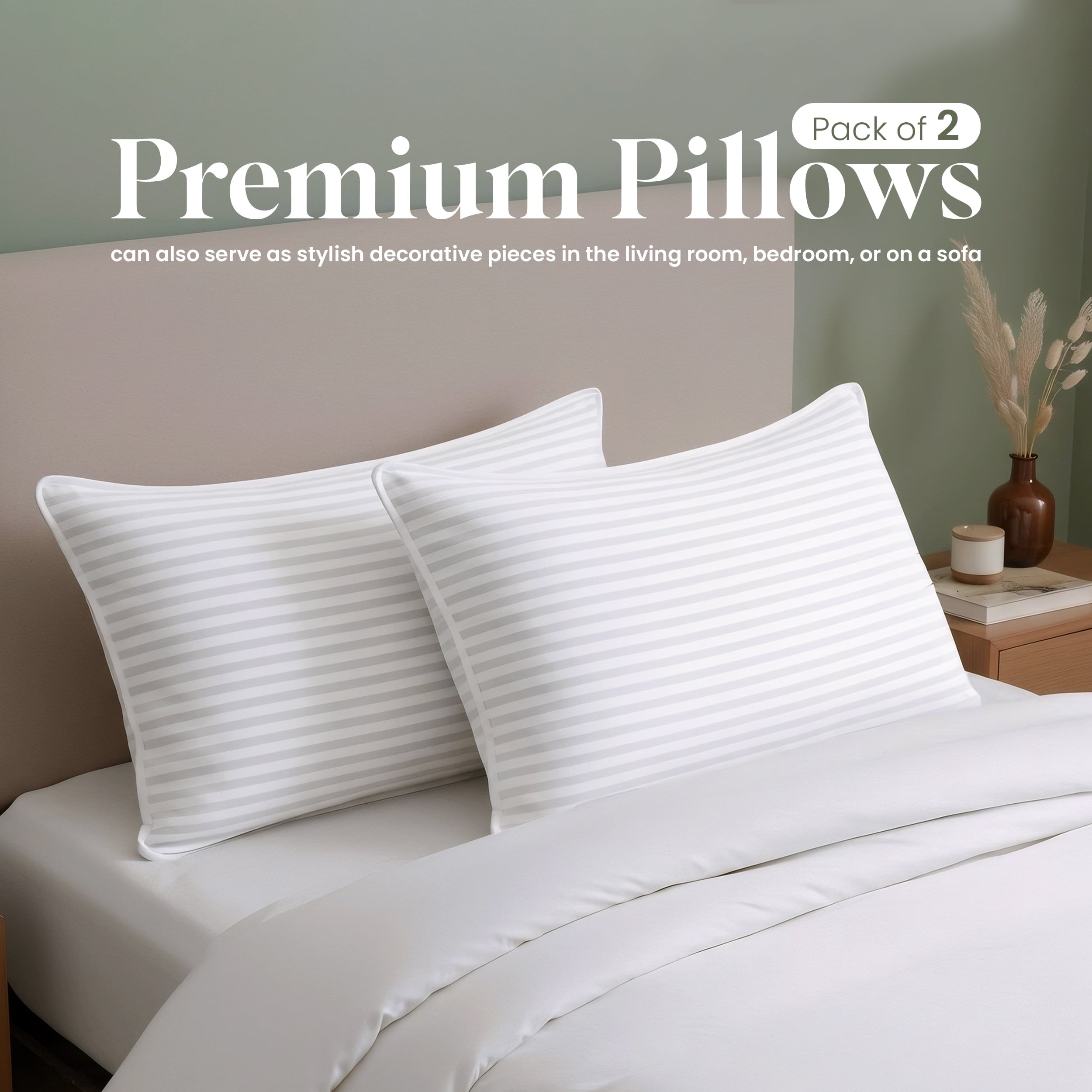 Hotel Collection Bed Pillow with White Stripes - Set of 2 - Ultra Cozy & Relaxing For Adults, (Queen, 28"L x 20" W) - Ergonomic Memory Foam Pillow for Neck Pain Support - Default Title