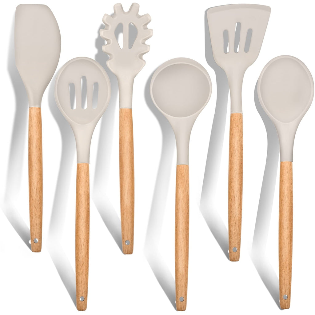 Ergonomic Cooking Kitchen Utensils Set of 6, Silicone Cooking Utensils with Wooden Handle, Non-Stick Cookware & Heat Resistant, Include... - Durable Turner & Ladle Utensil Set for Home Chefs - Default Title