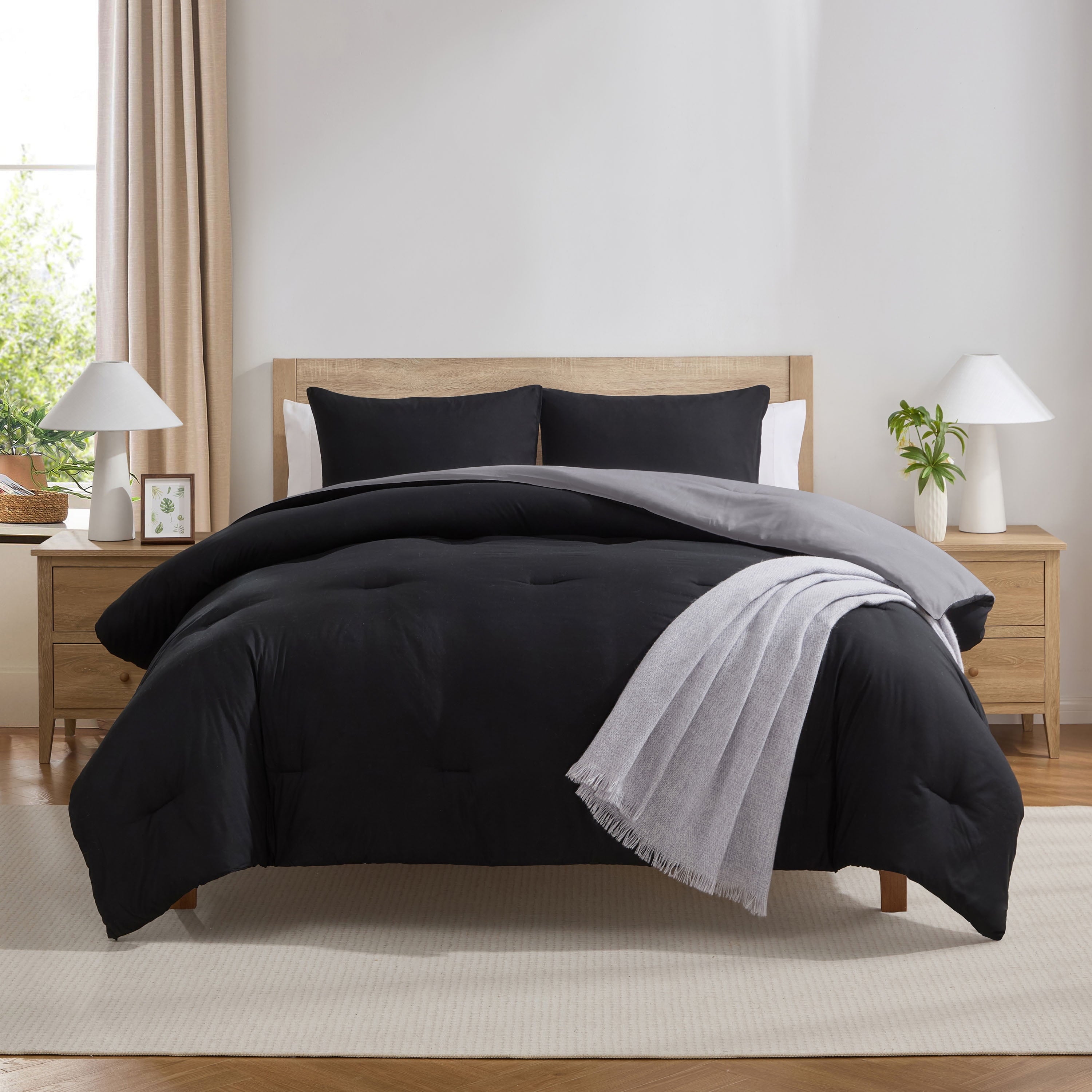 Fluffy Down Alternative Comforter Sets, All Season Lightweight Reversible Queen Comforter Set, 3-Pc Bedding Sets, Black/Charcoal gray - Cloud-Like Soft Lightweight Bed Comforter - Default Title