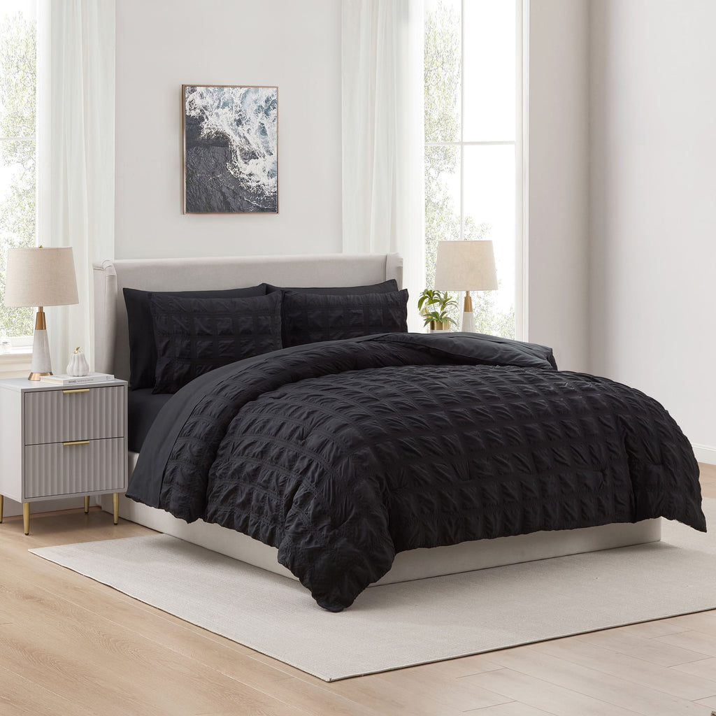 All-Season Queen Comforter Set, Seersucker Queen Size Comforter Set, 7-Pc All Season Bedding Comforter Set, Black - All-Season Down Alternative Comforter Insert - Default Title