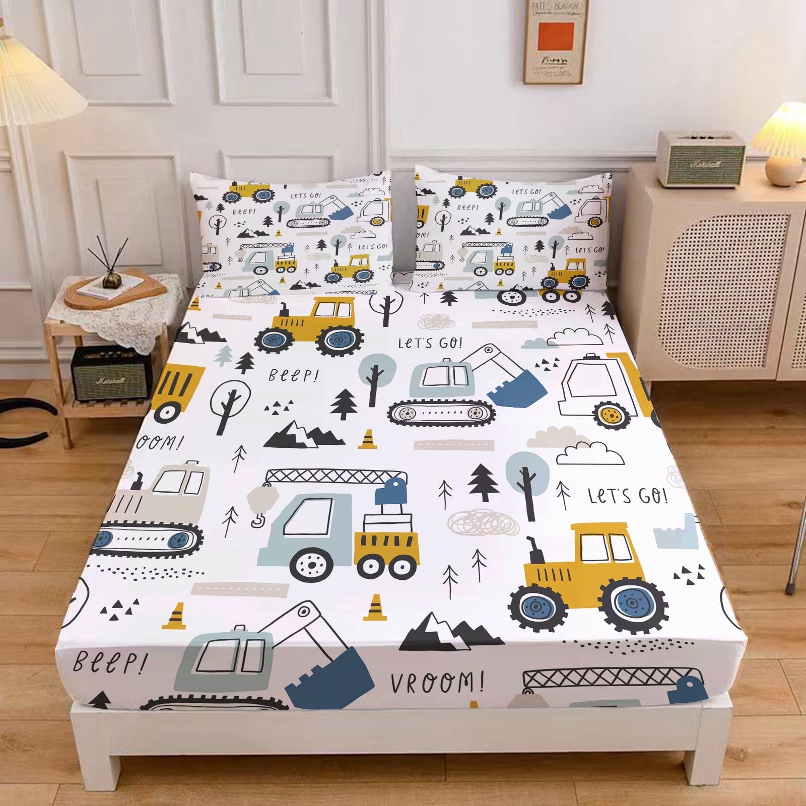 Breathable Luxury Cartoon Excavator Sheet Set for Kids Boys Truck Construction Bedding Set Engineering Vehicle Bed Sheet Sets with 1 Fi... - Cooling Hotel Quality Bedding Sheets and Pillowcases - Default Title