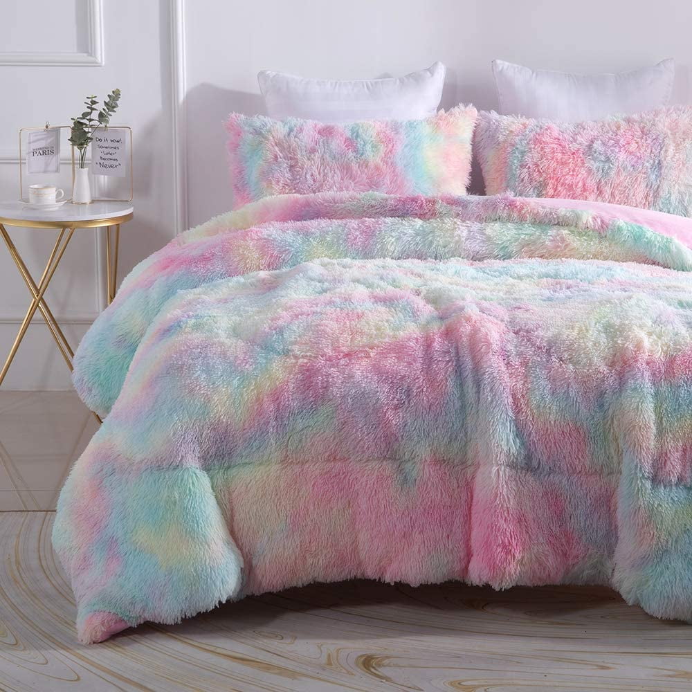 Heavyweight Warmth Plush Shaggy Comforter Set Fluffy Fuzzy Faux Fur Bedding Set - Microfiber Soft Warm Quilt Set(Rainbow Pink,Queen Size) - Cloud-Like Soft Lightweight Bed Comforter - Default Title