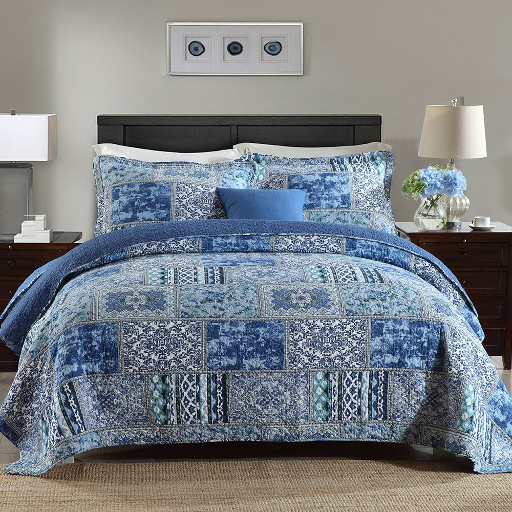 Fluffy Down Alternative Quilt Comforter Cotton Bedding Set With Shams, Vintage Blue, King - Hypoallergenic Ultra-Fluffy Quilt for Winter - Default Title
