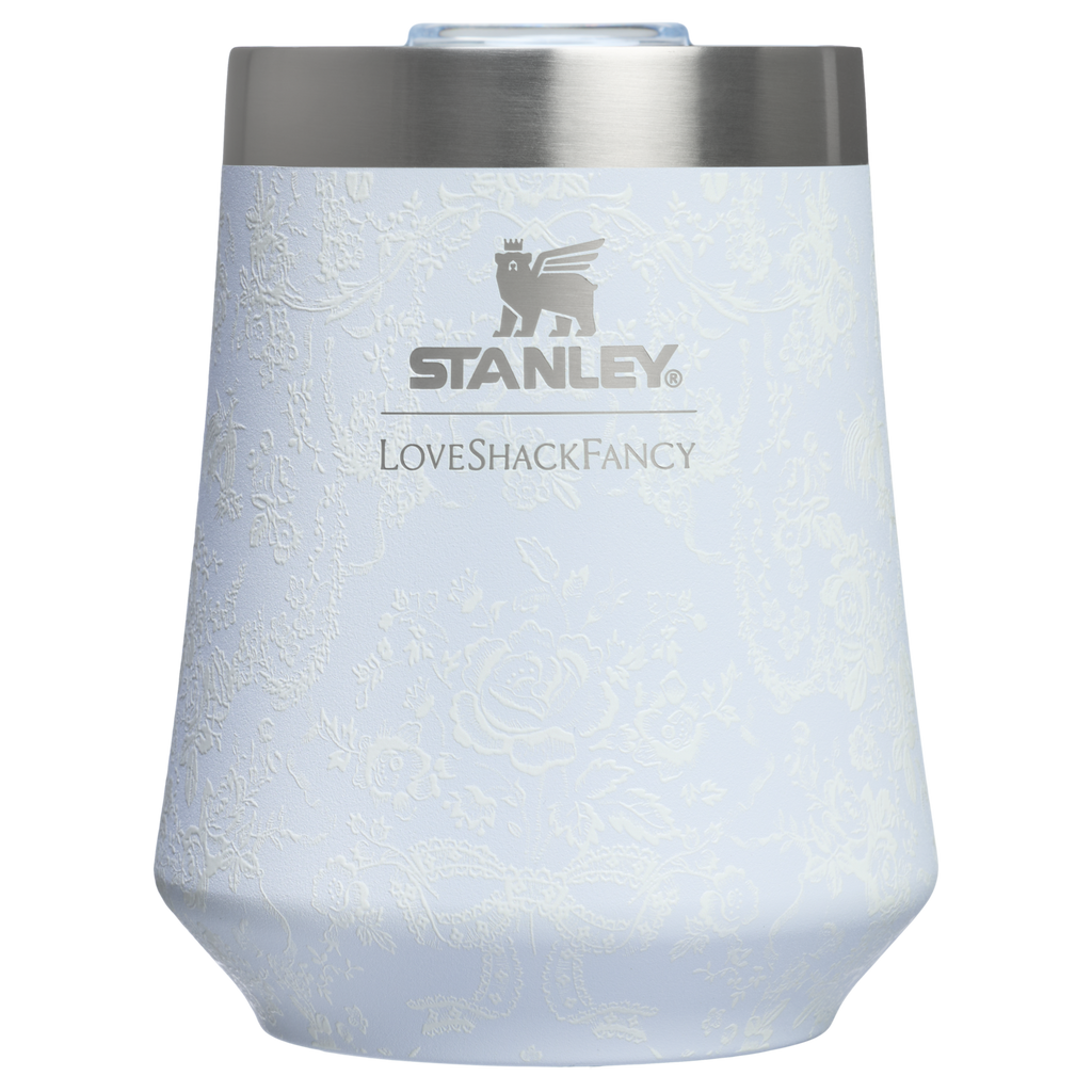 Premium Matte Stanley 1913 x LoveShackFancy Holiday Reserve Wine Tumbler D367F - Premium Insulated Egg-Shaped Wine Glass for Outdoors - Baby Bow Pink Peppermint