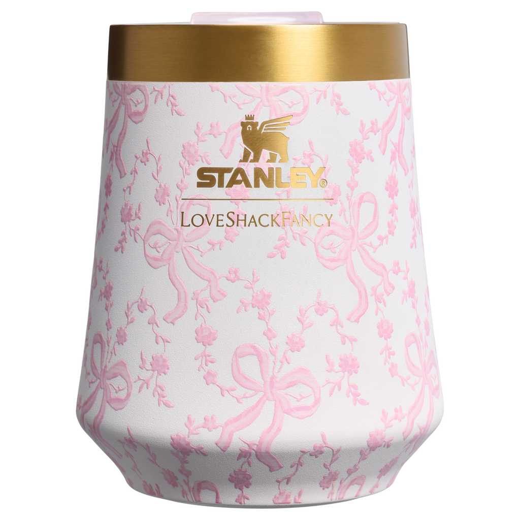 Premium Matte Stanley 1913 x LoveShackFancy Holiday Reserve Wine Tumbler D367F - Premium Insulated Egg-Shaped Wine Glass for Outdoors - Coquette Bow Chantilly
