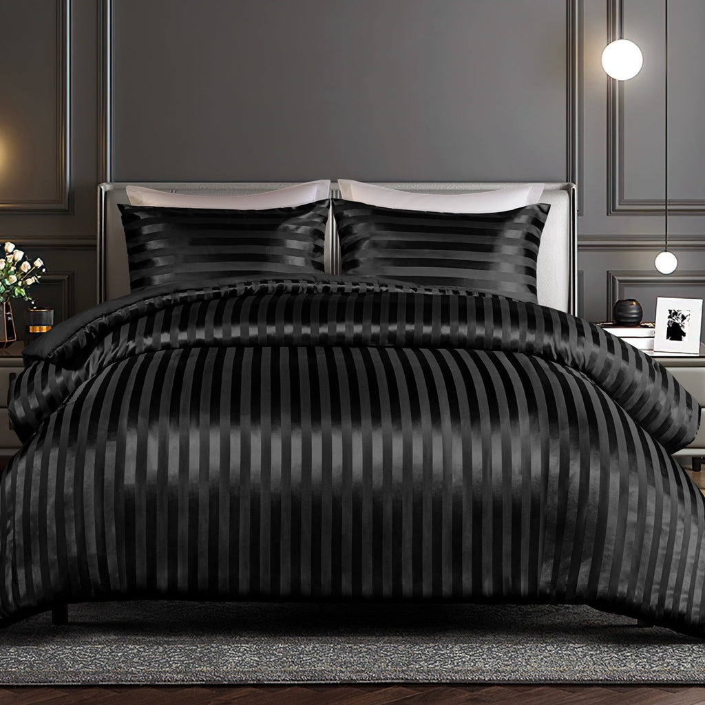 All-Season 3-Piece Reversible Silky Soft King Size Comforter Set, Luxury Stripe Satin Oversized Comforter Bedding Set with 2 Sat... - Hypoallergenic Ultra-Fluffy Quilt for Winter - Default Title
