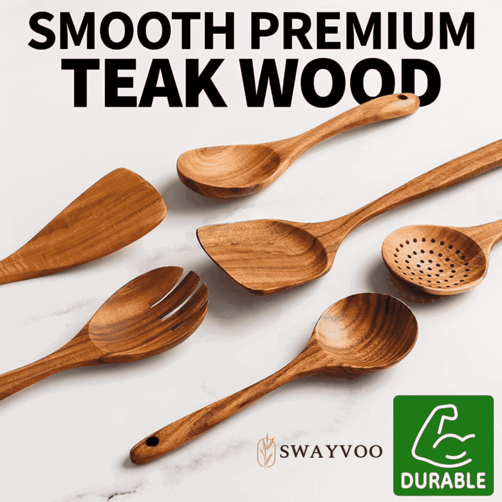Ergonomic Cooking Wooden Spoons for Cooking, 6-Piece 100% Natural Teak Wooden Utensils for Cooking — Heat Resistant, Non-Stick ... - Premium Stainless Steel Cooking Utensil for Non-Stick Pots - Default Title