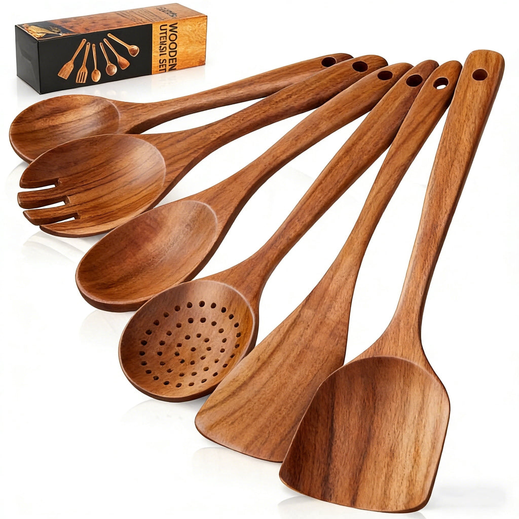 Heat-Resistant Wooden Spoons for Cooking, 6 PCS Teak Wood Cooking Utensil Set, Wooden Kitchen Utensils for Nonstick Pans & Cookware,... - Premium Stainless Steel Cooking Utensil for Non-Stick Pots - Default Title