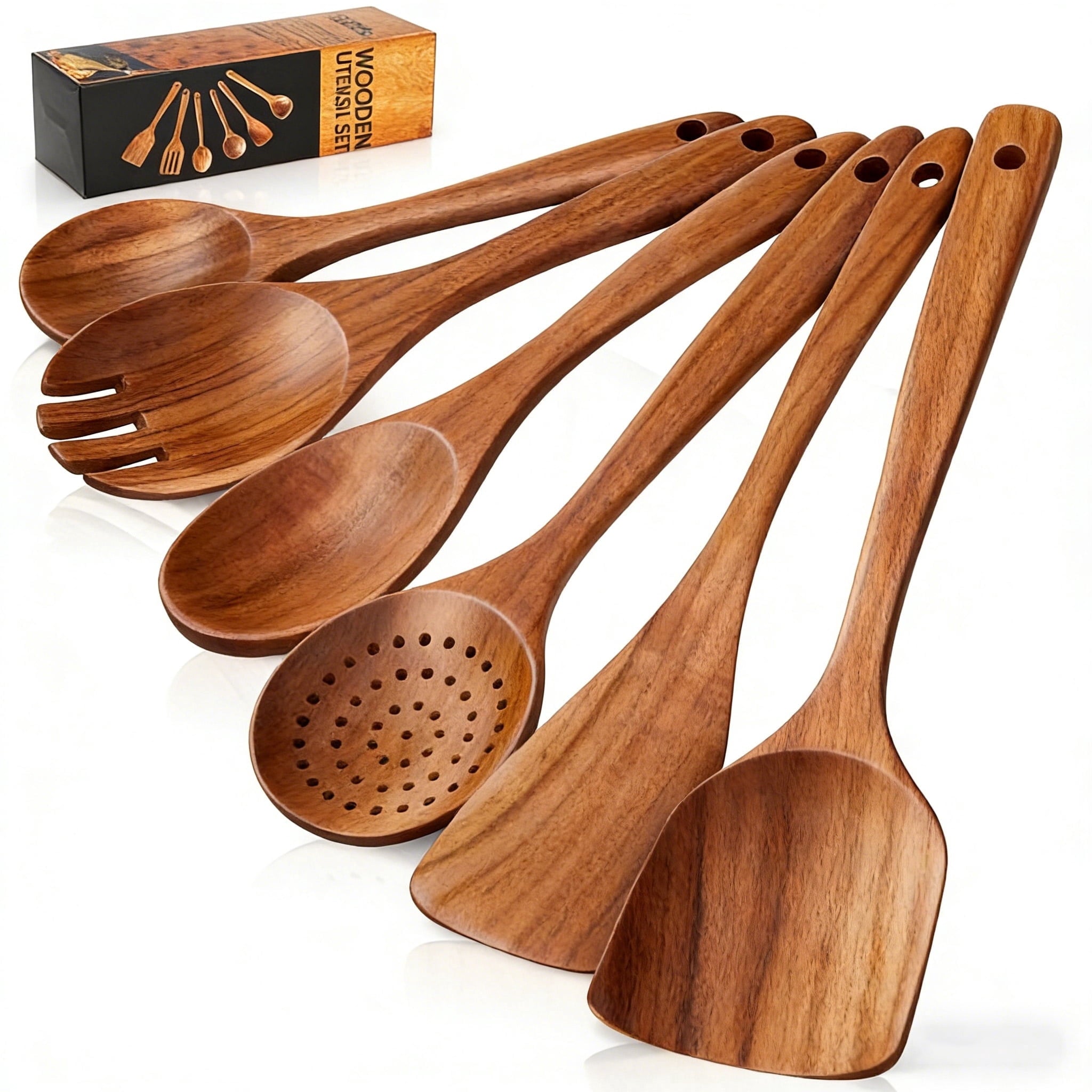 Heat-Resistant Wooden Spoons for Cooking, 6 PCS Teak Wood Cooking Utensil Set, Wooden Kitchen Utensils for Nonstick Pans & Cookware,... - Premium Stainless Steel Cooking Utensil for Non-Stick Pots - Default Title
