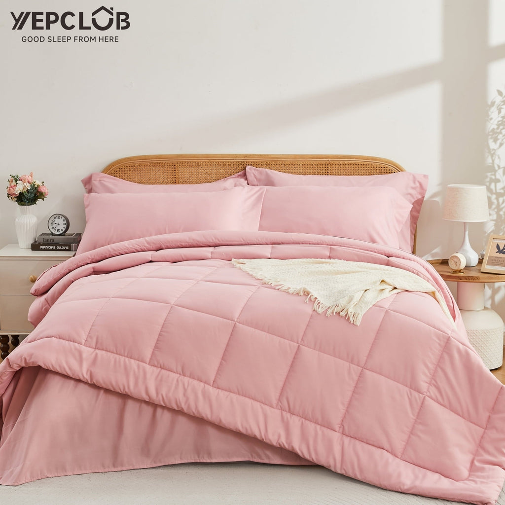 Heavyweight Warmth 7-Piece Queen Size Comforter Set,Pink Reversible Bed in a Bag,All Season Solid Bedding Set with Sheets,Pillowcases & ... - Hypoallergenic Ultra-Fluffy Quilt for Winter - Default Title