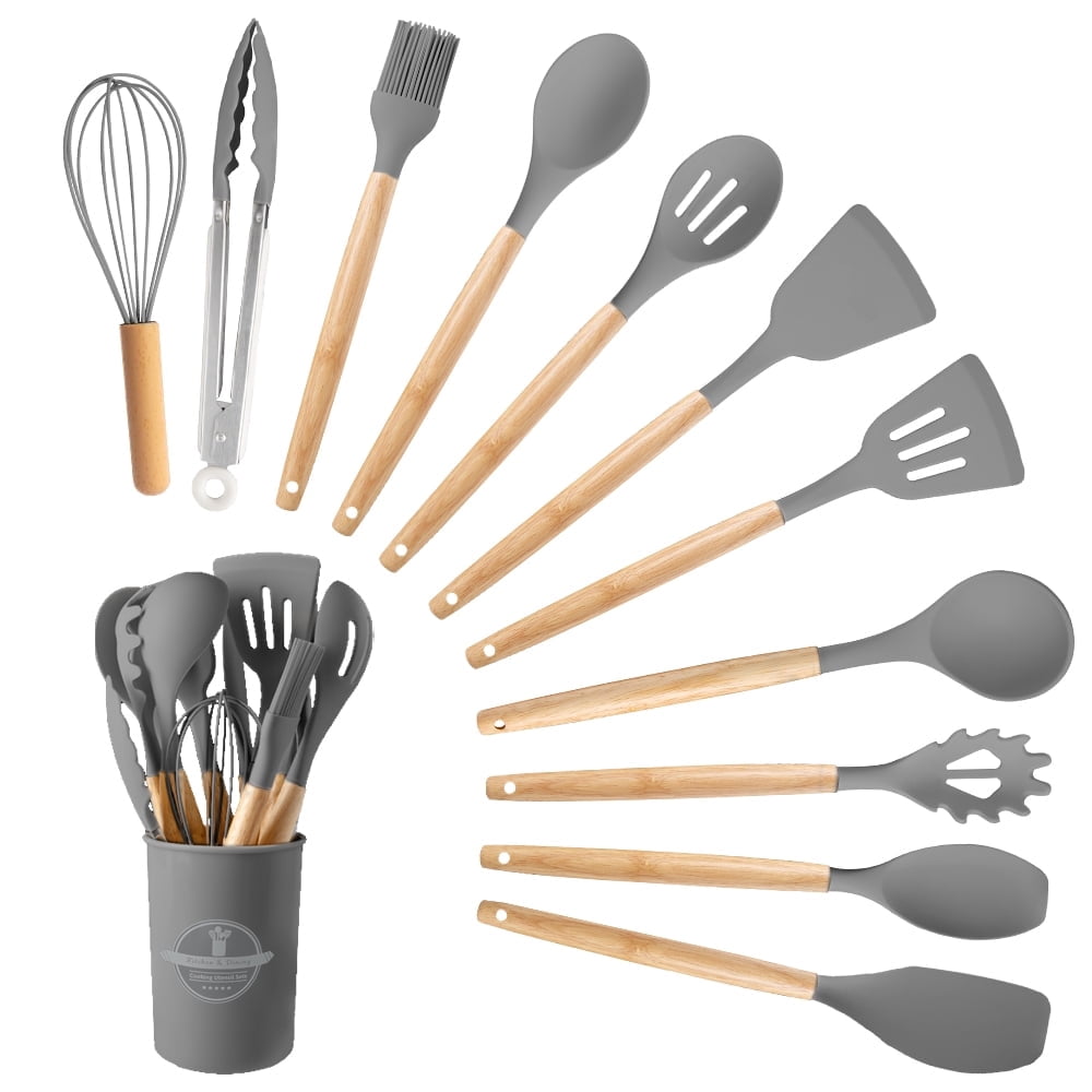 Non-Stick Safe Silicone Wooden Heat Resistant Kitchen Utensil Set, 12 pcs - Premium Stainless Steel Cooking Utensil for Non-Stick Pots - Default Title