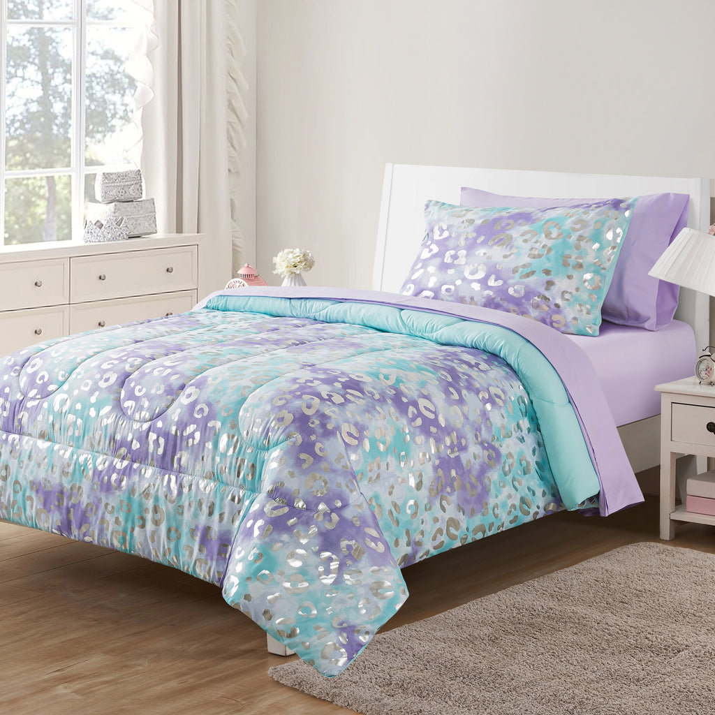 Hypoallergenic Cloud 5-Piece Purple Metallic Foil Cheetah Bedding Set for Kids with Storage Bag, Twin - Luxurious Quilted Duvet Cover Set - Default Title