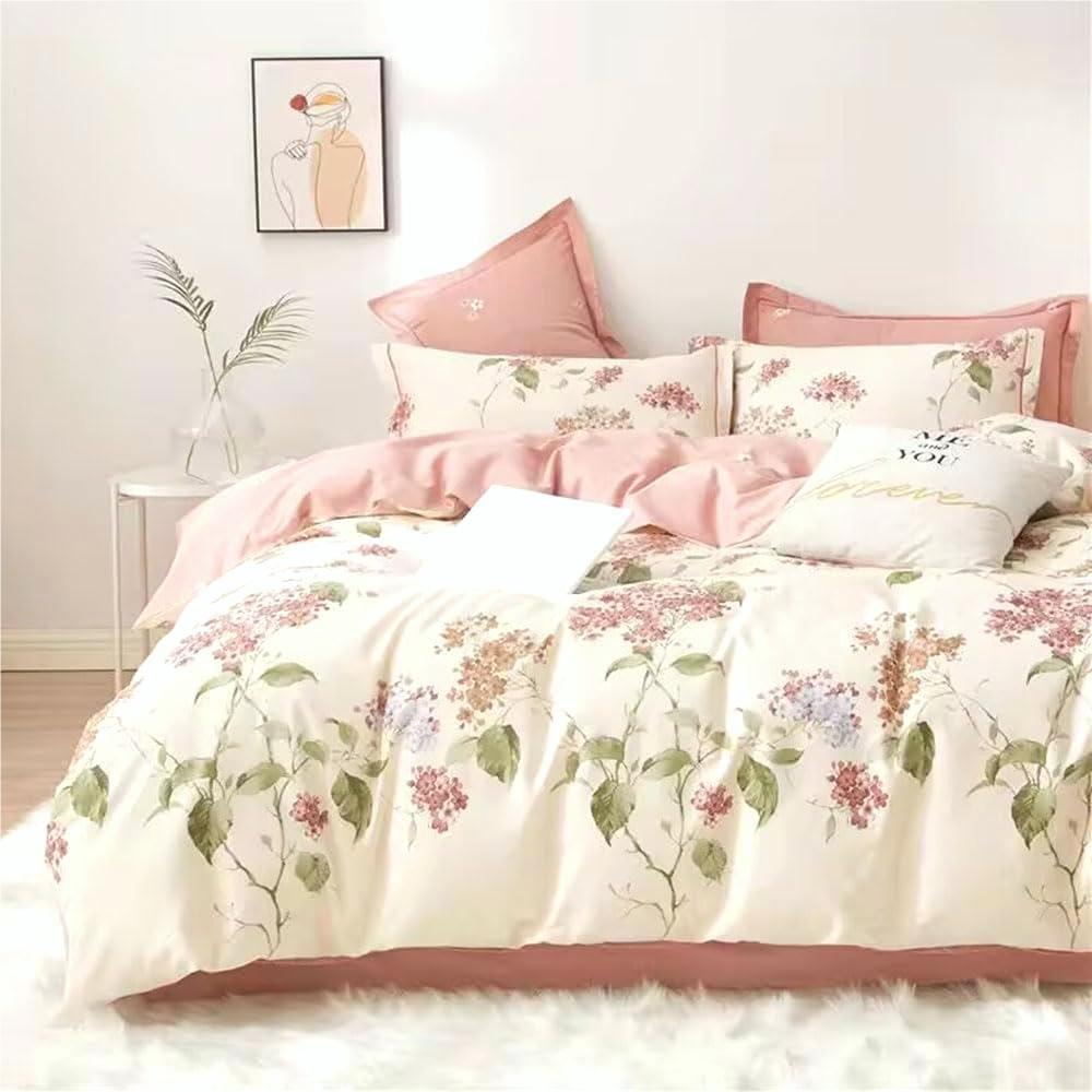 Fluffy Down Alternative White with Pink Flowers King Comforter Sets, 3 Pieces Chic Garden Style Reversible Bedding Sets for Adults All Season - Luxurious Quilted Duvet Cover Set Detail