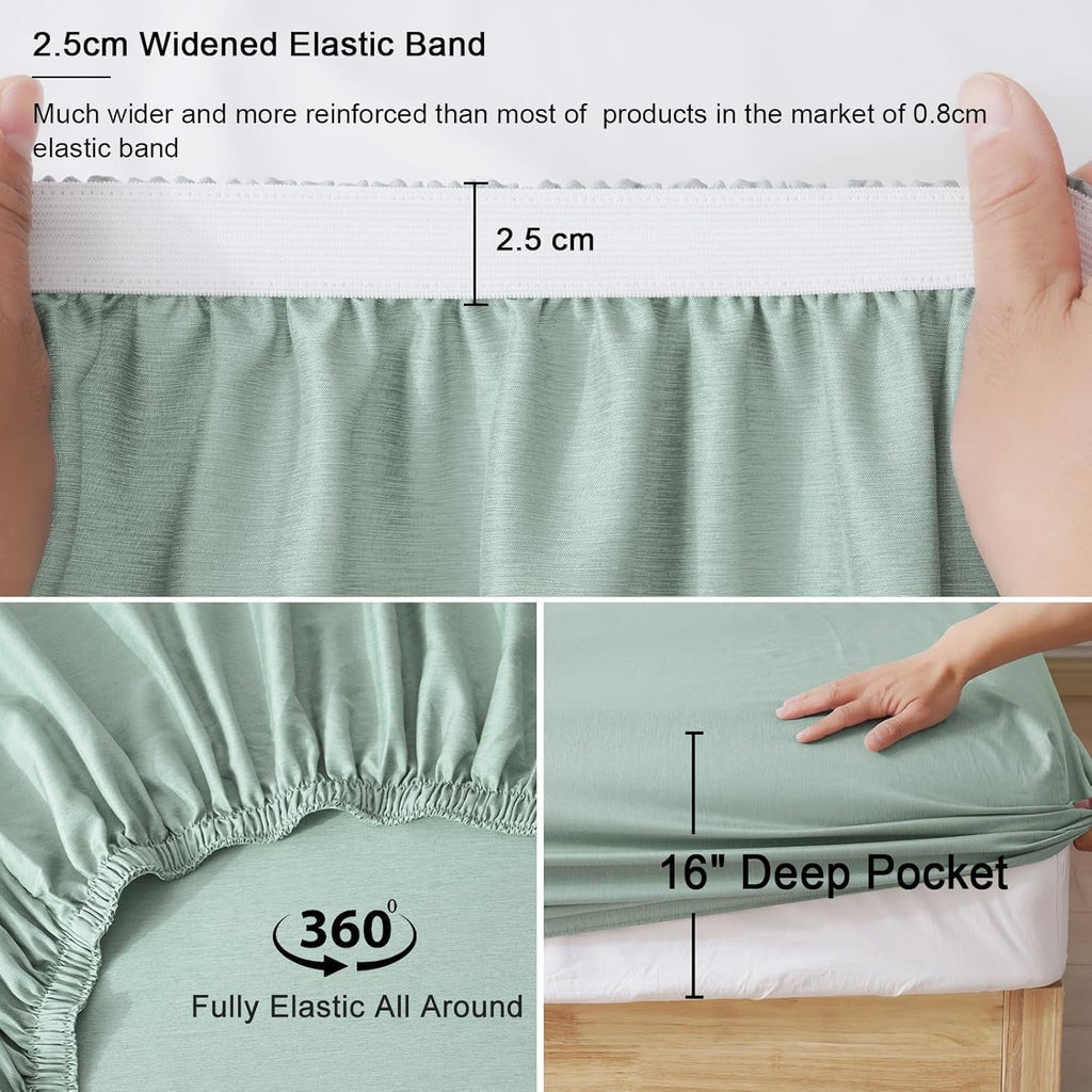 Wrinkle-Resistant Bamboo Bed Sheet Sets, 4 Pieces King Silky Soft Bedding Sheets, 1800 Thread Count 16 Inch Deep Pockets, Sage Green - Breathable Egyptian Cotton Flat & Fitted Sheets Detail