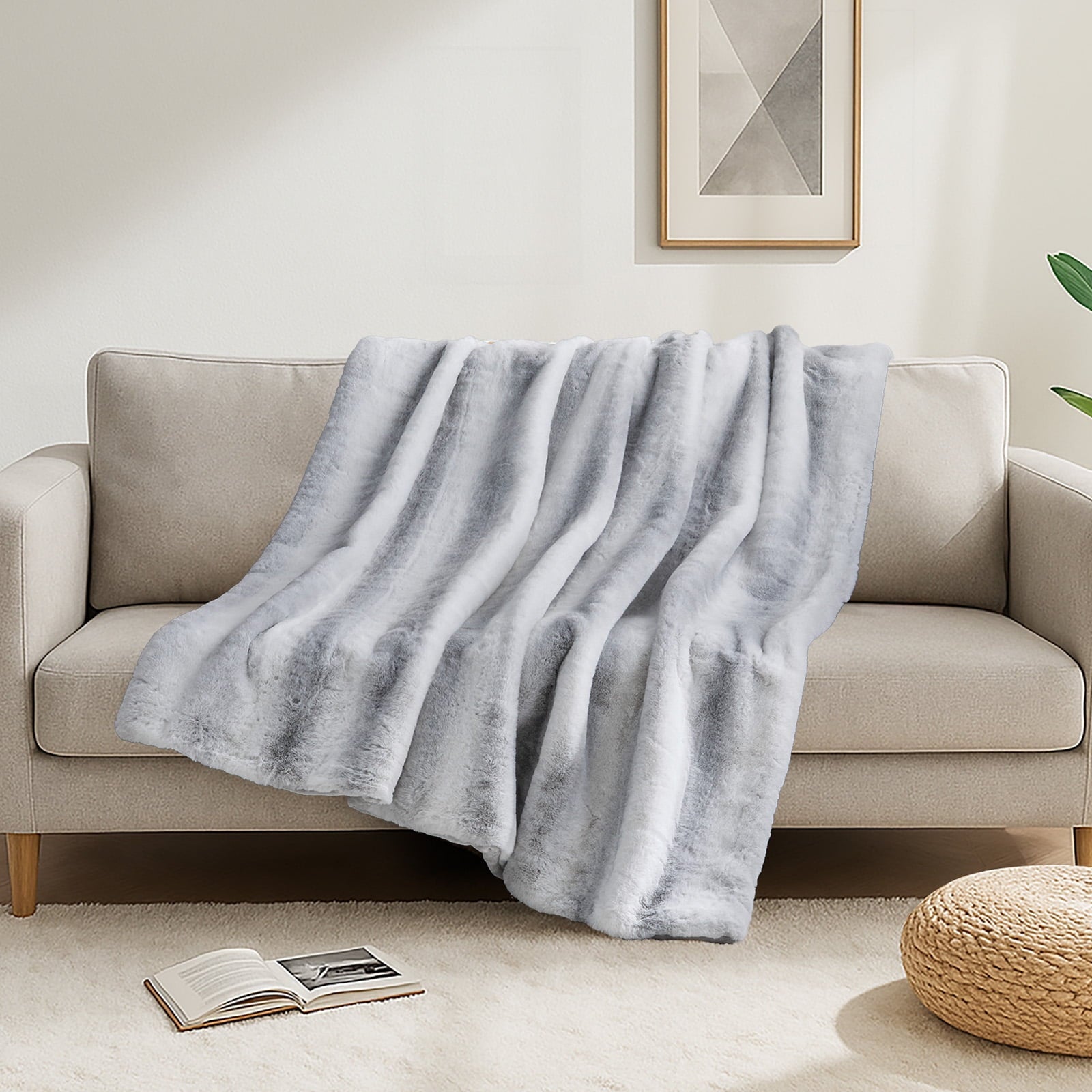 Cozy Fleece Luxury Faux Fur Throw Blanket for Bed Super Thick Warm Fuzzy Blankets for Bedroom Living Room, 60" x 80", White - Luxury Knitted Decorative Throw Blanket with Fringes Detail
