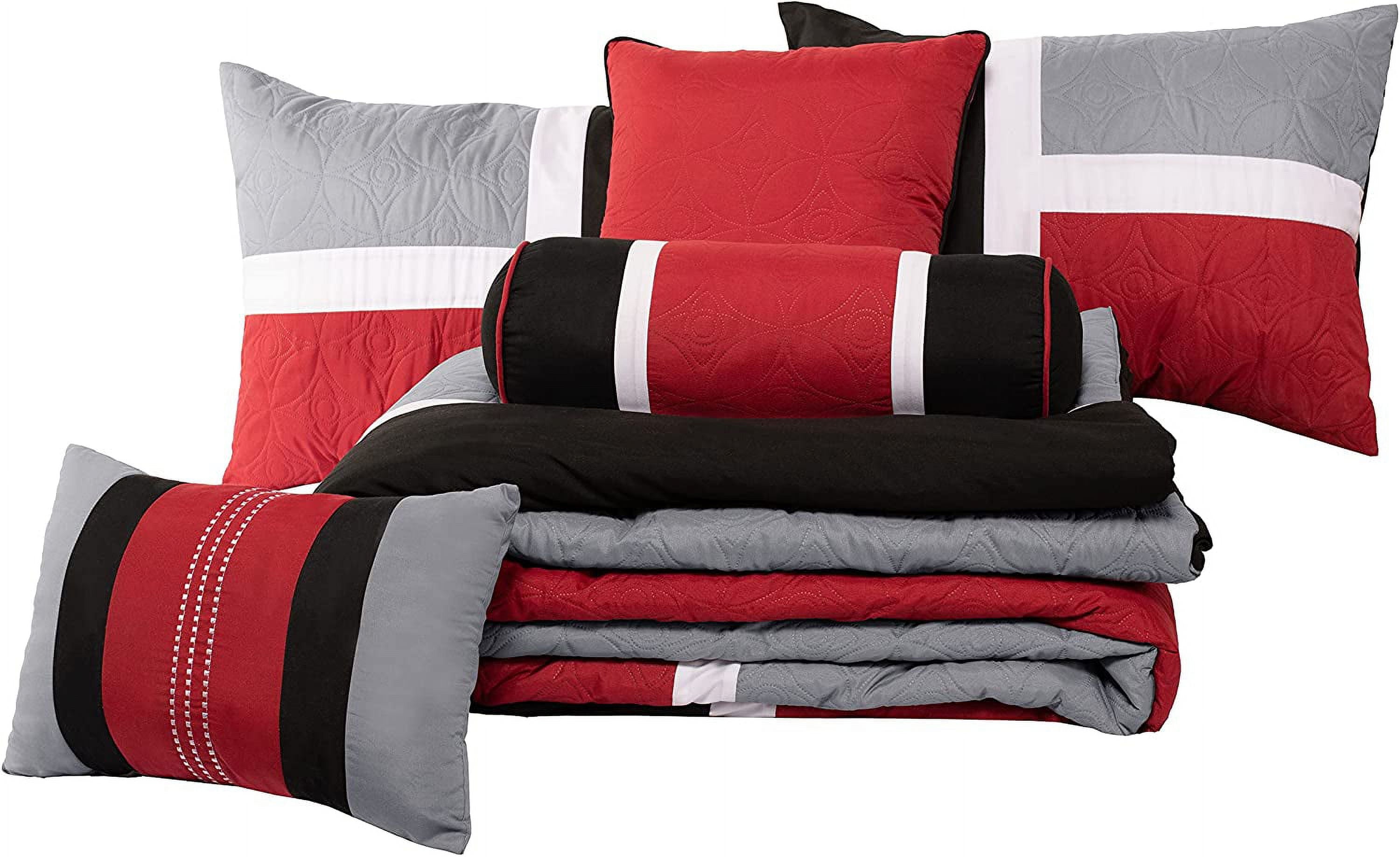 Luxurious Quilted 7-Piece Medallion Patchwork Comforter Set, Full, Red/Gray/Black - All-Season Down Alternative Comforter Insert Detail