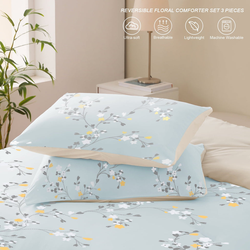 Fluffy Down Alternative 3-Piece Floral King Size Comforter Set, Microfiber Bedding Down Alternative Comforter for All Seasons with 2 Pillow S... - Luxurious Quilted Duvet Cover Set Detail