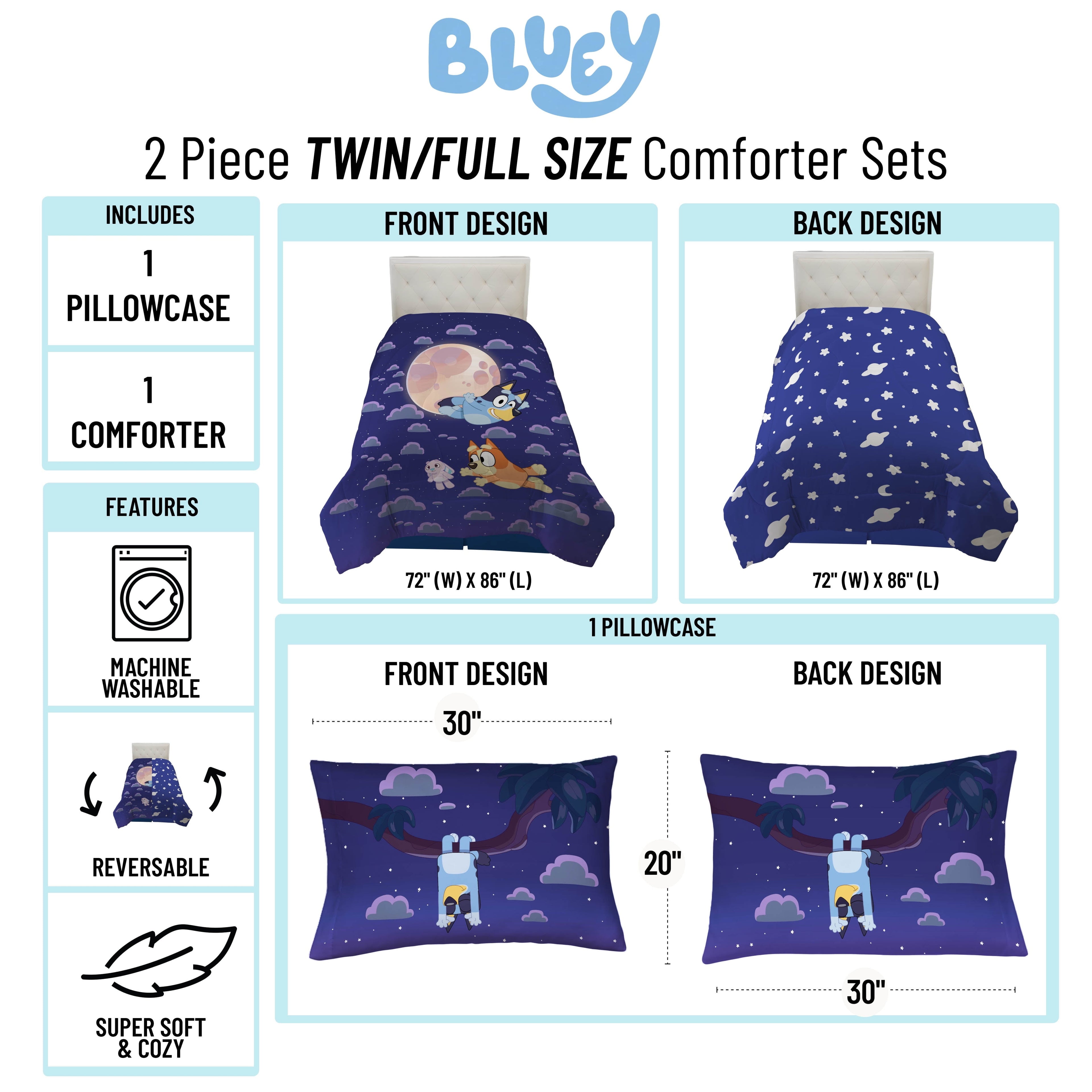 Luxurious Quilted Dream Kids 2 Piece Blue Reversible Comforter and Pillowcase Bedding Set, Twin/Full - All-Season Down Alternative Comforter Insert Detail