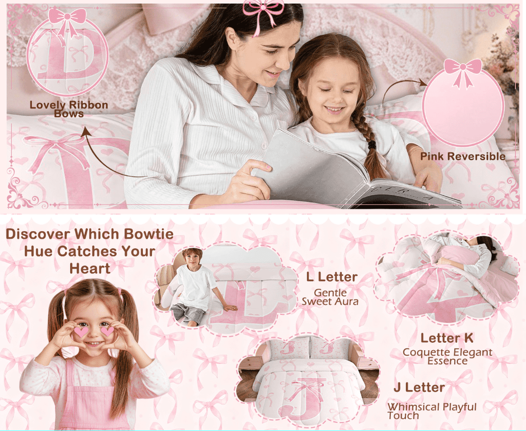 Luxurious Quilted Kawaii Bowknot Bedding Sets Full with Comforter, Initial H Duvet Insert, Romantic Initial A-Z Decor, Reversible - Cloud-Like Soft Lightweight Bed Comforter Detail