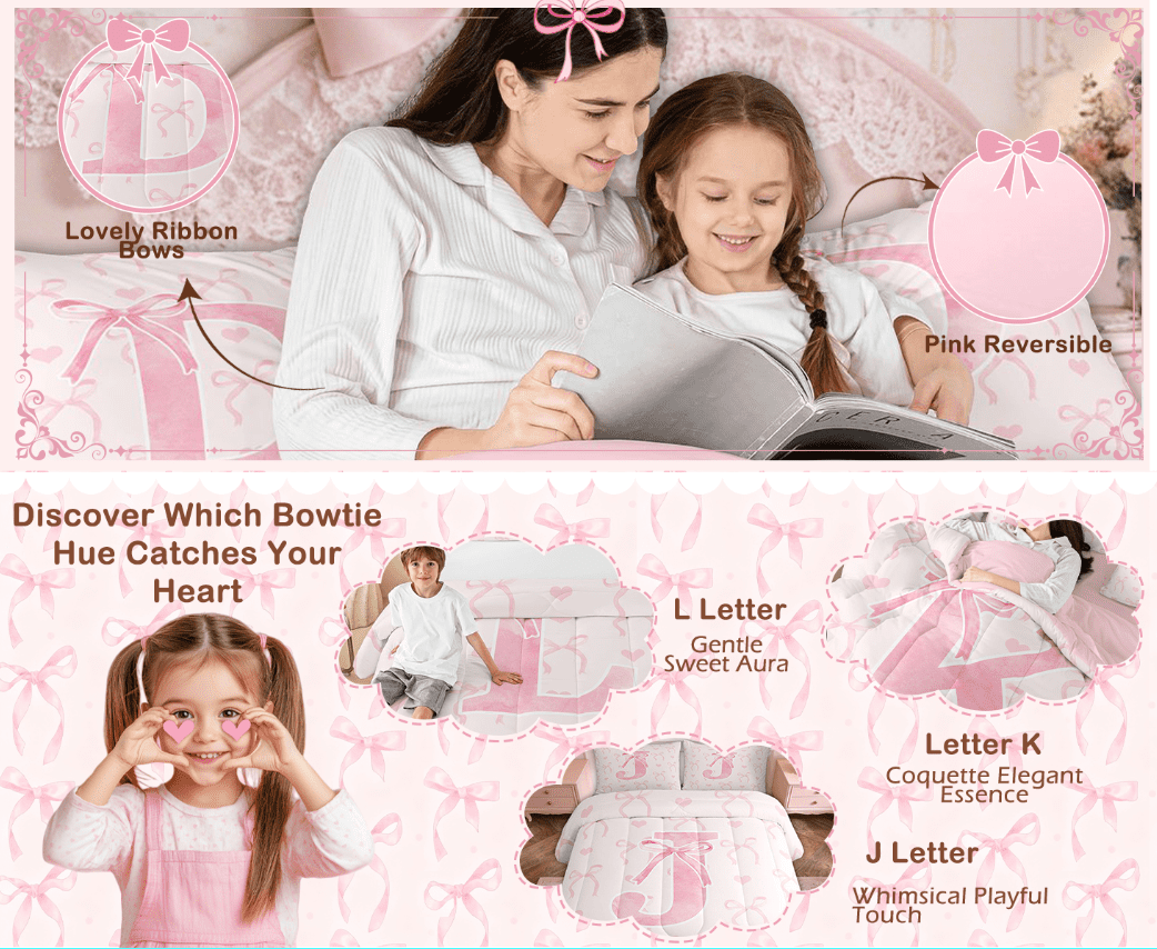 Luxurious Quilted Kawaii Bowknot Bedding Sets Full with Comforter, Initial H Duvet Insert, Romantic Initial A-Z Decor, Reversible - Cloud-Like Soft Lightweight Bed Comforter Detail