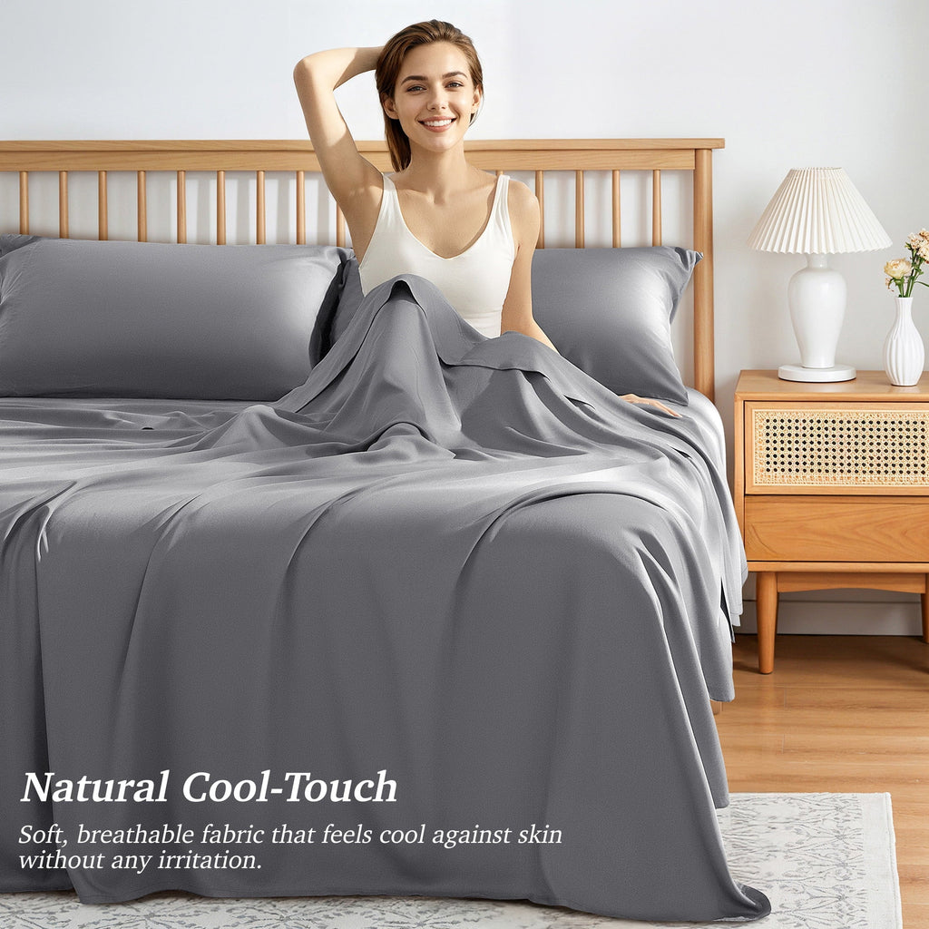 Cooling Sateen Bamboo Queen Sheet Set, Luxury Soft 4 Pieces Bed Sheets with 18" Deep Pocket, Gray - Cooling Hotel Quality Bedding Sheets and Pillowcases Detail