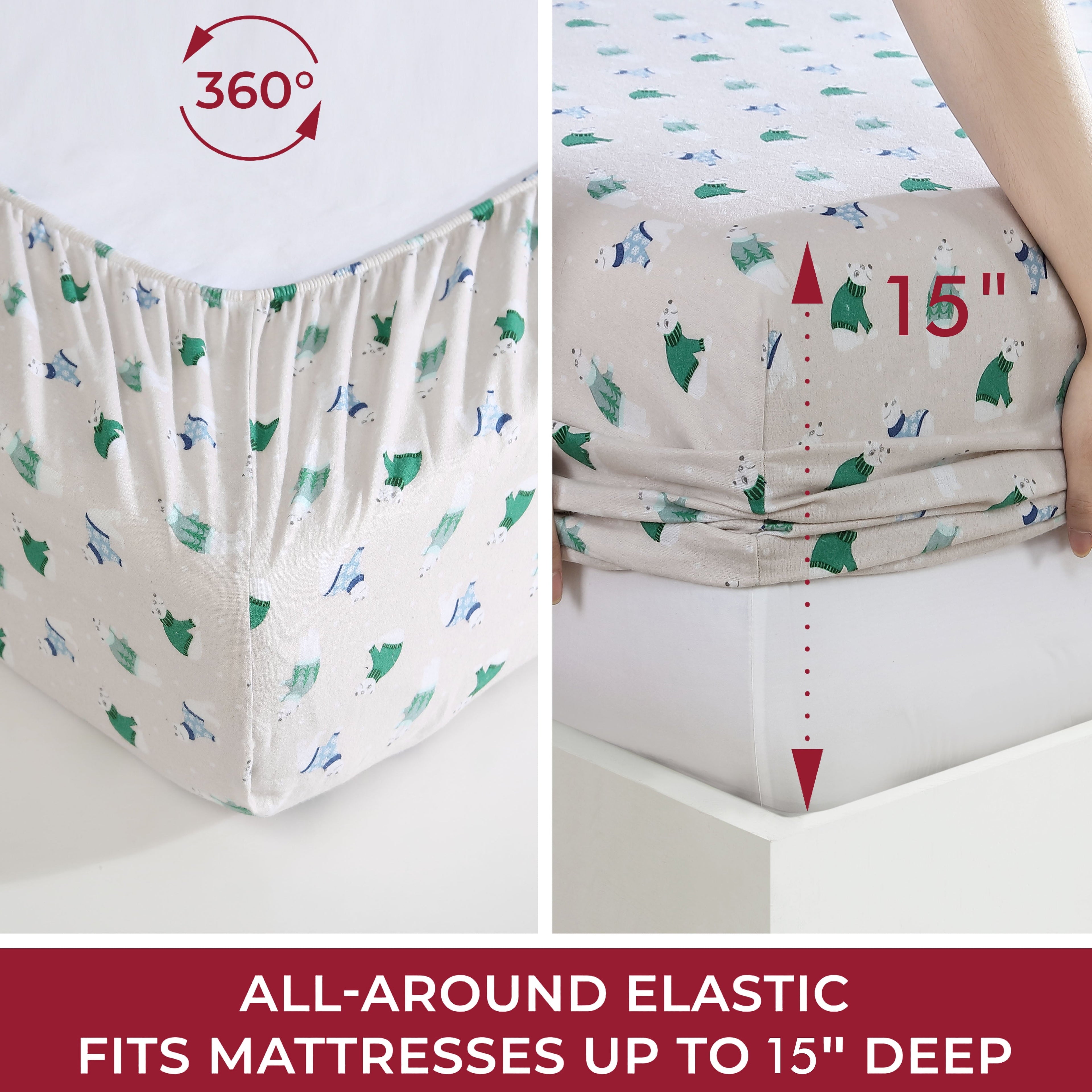 Wrinkle-Resistant Winter Nights Cotton Flannel Sheet Set, King, Holiday Bears - Breathable Egyptian Cotton Flat & Fitted Sheets Detail