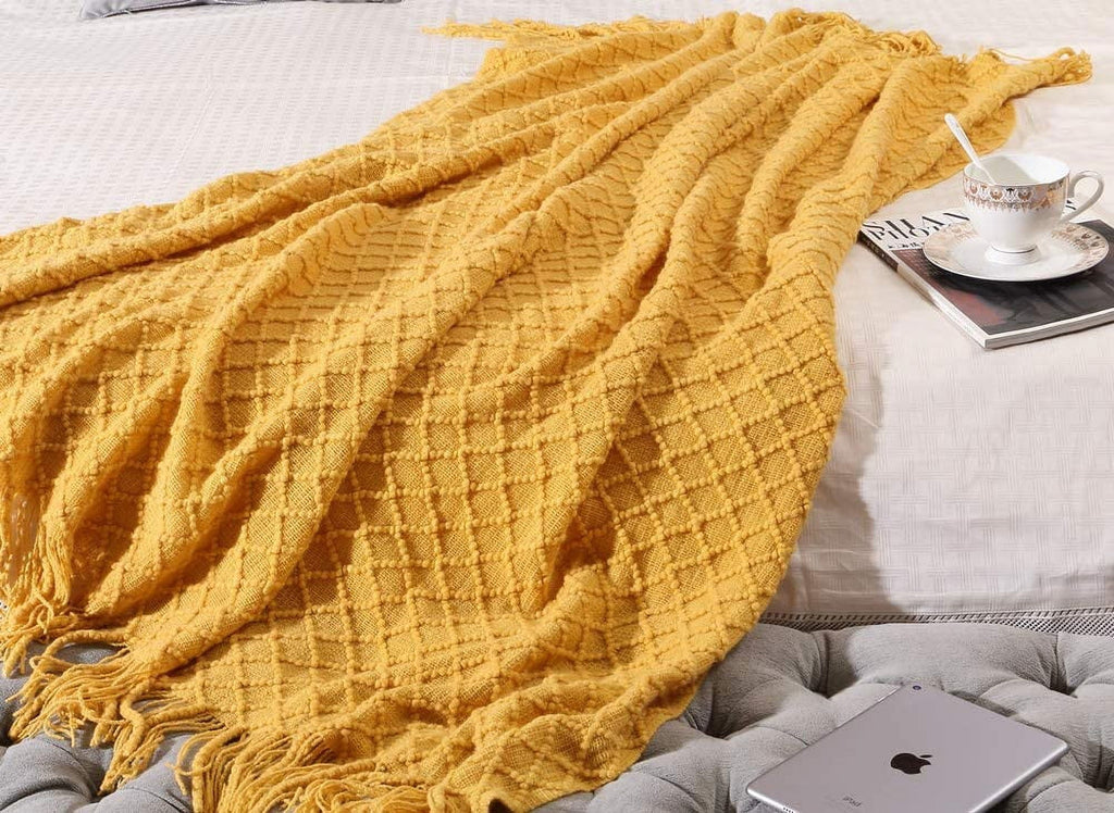 Super Soft Flannel Decorative Soft Spring Summer Fall Throw Blanket ,for Couch Sofa Chair Bed,50''X60'',Mustard Yellow - Luxury Knitted Decorative Throw Blanket with Fringes Detail