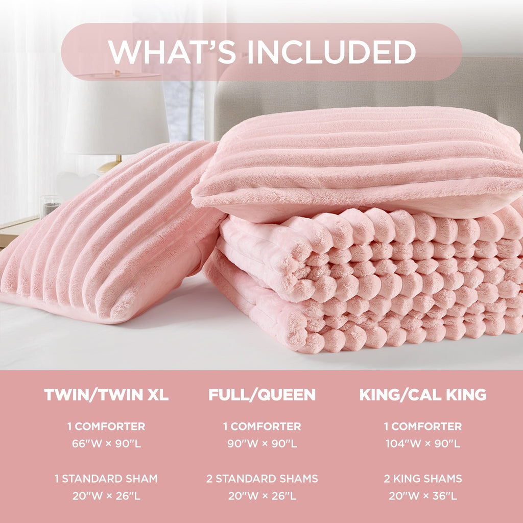 Fluffy Down Alternative Full/Queen Size Comforter Set, Fluffy Ribbed Plush Comforter Set, 3-Piece Bedding Set, Pink - All-Season Down Alternative Comforter Insert Detail