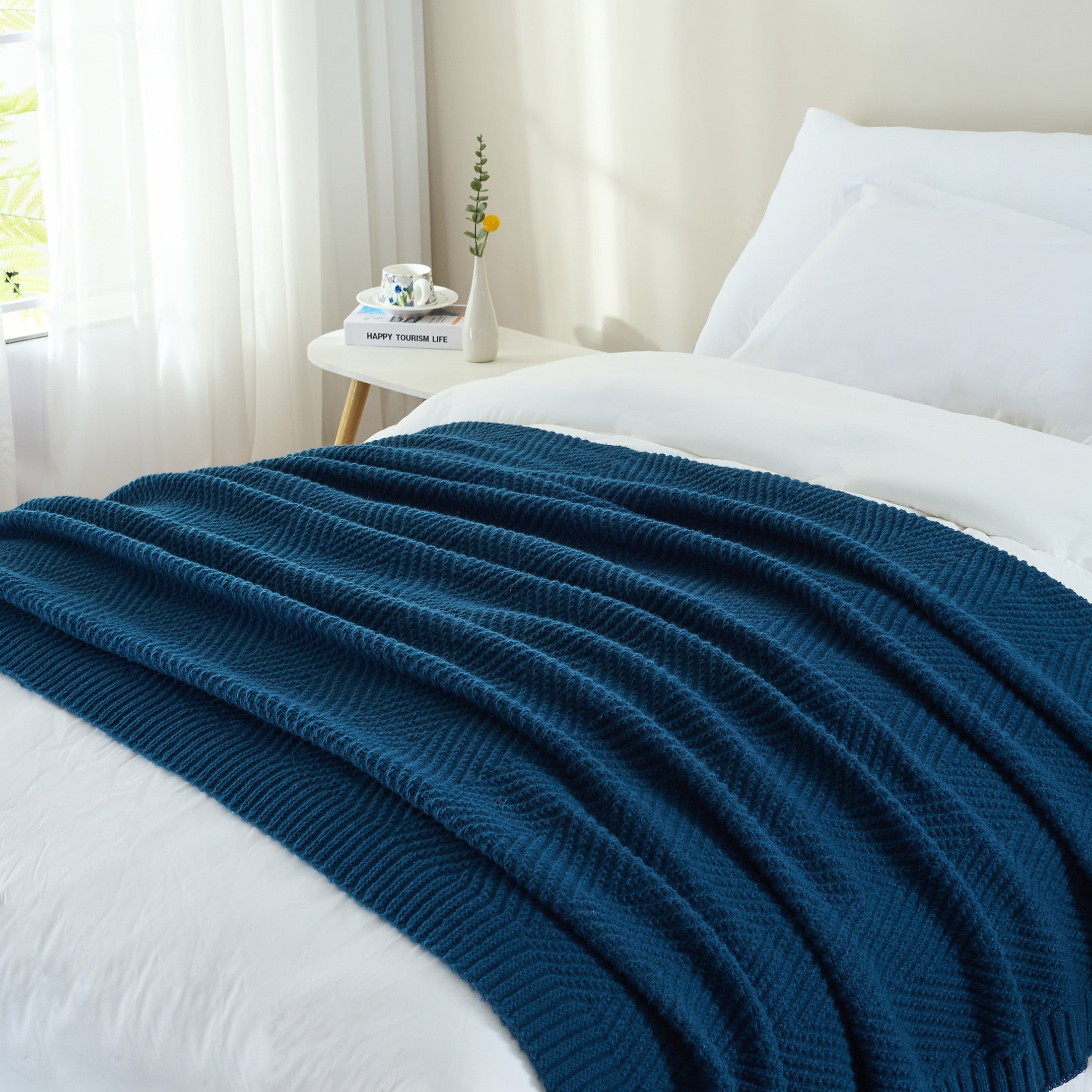 Cozy Fleece Soft Knitted Throw Blanket 50" x 60" Navy Blue, Boho Chevron Farmhouse Throw for Bed Couch - Super Soft Reversible Sherpa Flannel Blanket Detail
